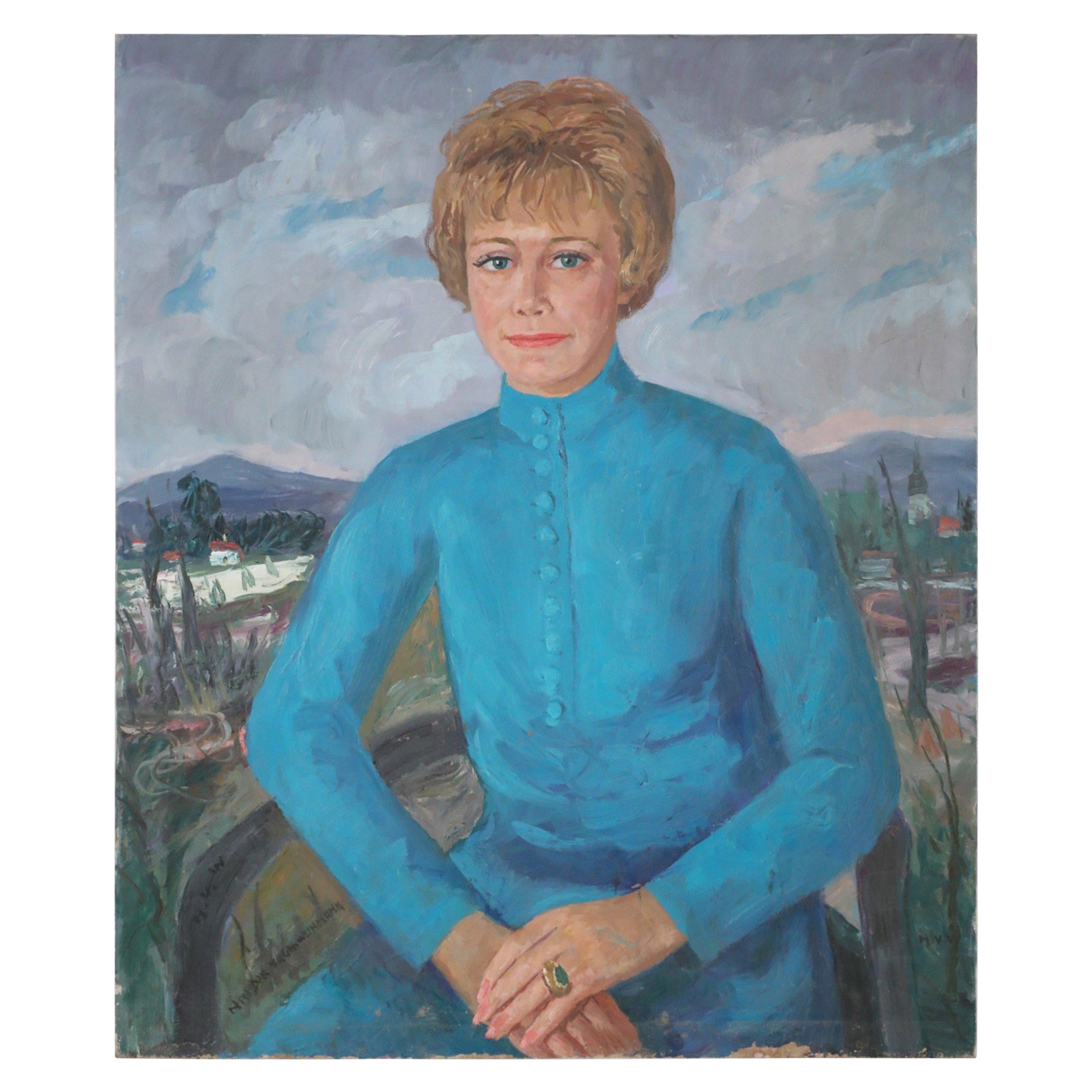 Portrait d'une femme dans une robe bleue, peinture sur toile en vente