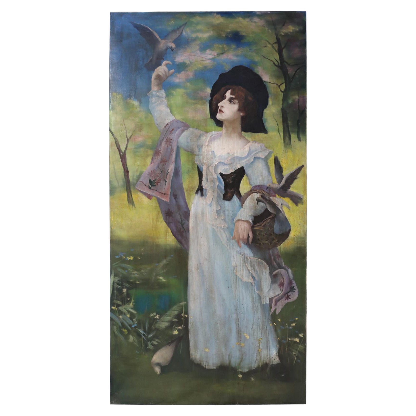 Porträt einer Frau mit Vogel, Gemälde auf Leinwand im Angebot