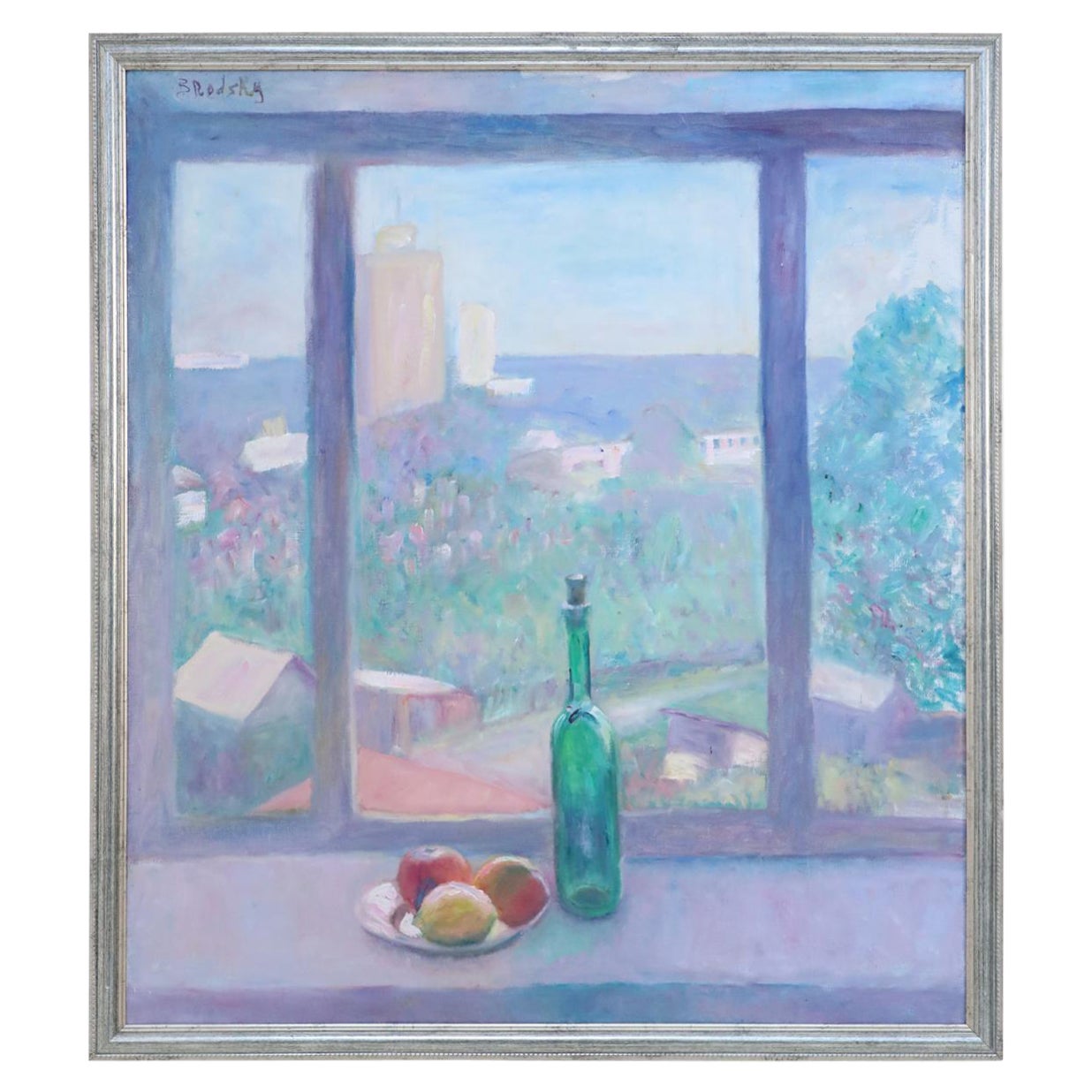 Quadro di natura morta in acrilico con cornice raffigurante una bottiglia di vino e frutta su un davanzale Ov