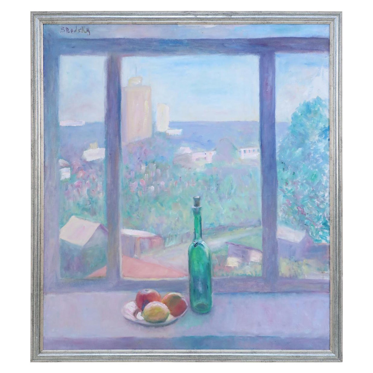 Framed Acrylic Still Life Painting of a Wine Bottle and Fruit on a Windowsill Ov For Sale