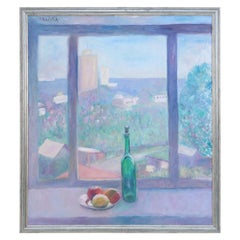 Framed Acrylic Still Life Painting of a Wine Bottle and Fruit on a Windowsill Ov