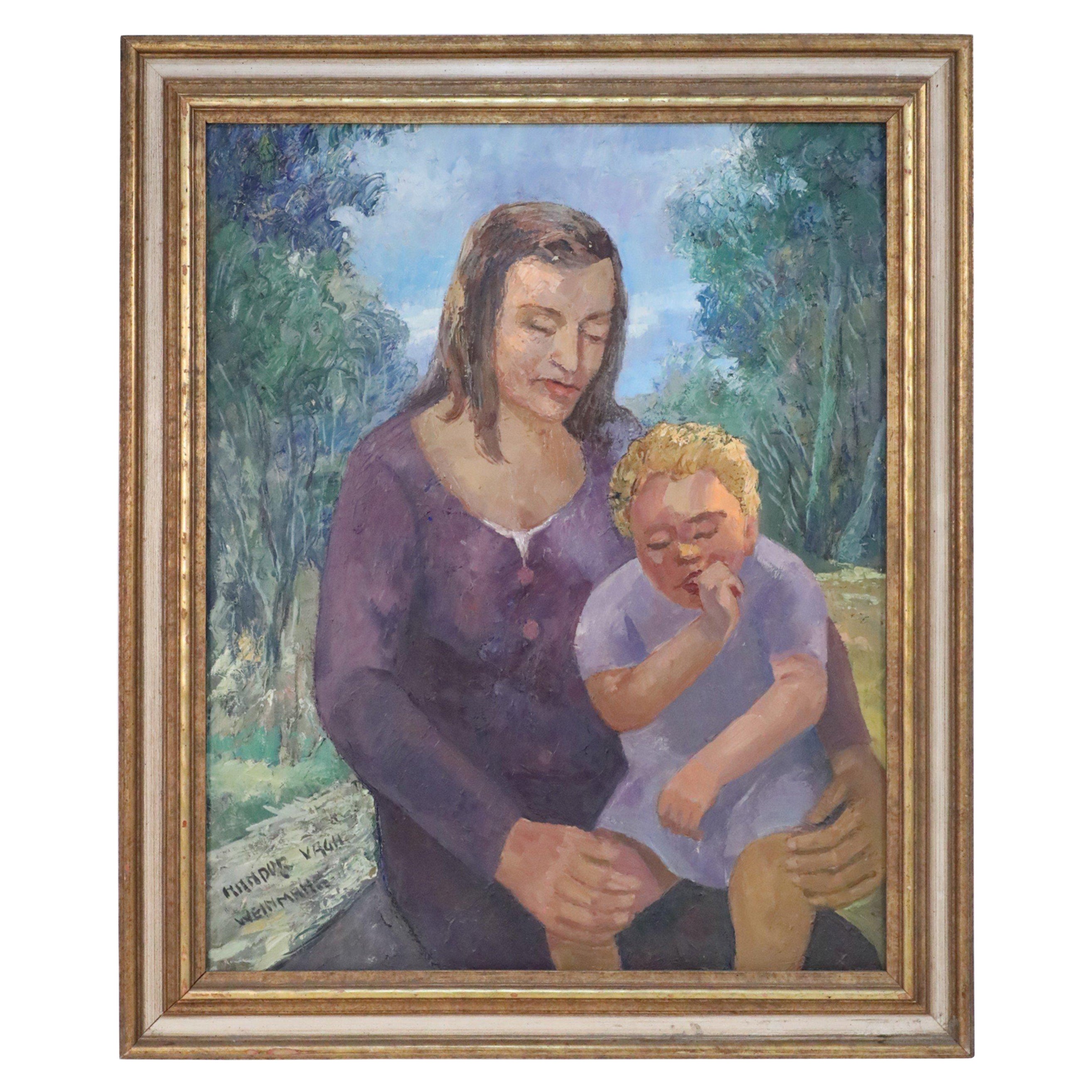 Peinture à l'huile - Portrait encadré d'une femme avec un enfant en vente
