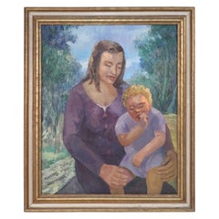 Peinture à l'huile - Portrait encadré d'une femme avec un enfant