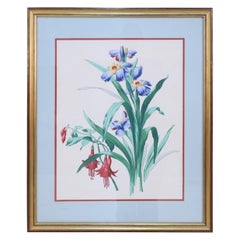 Gerahmte Stillleben-Illustration von blauen und gelben Irisen