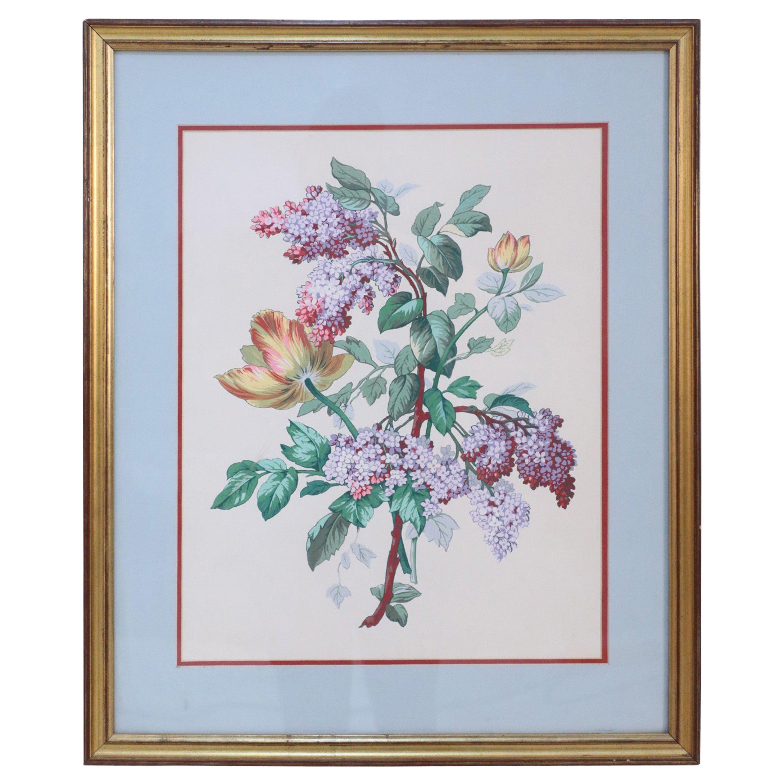 Framed Still Life Illustration of Yellow Flowers Purple Wisteria Vines For Sale