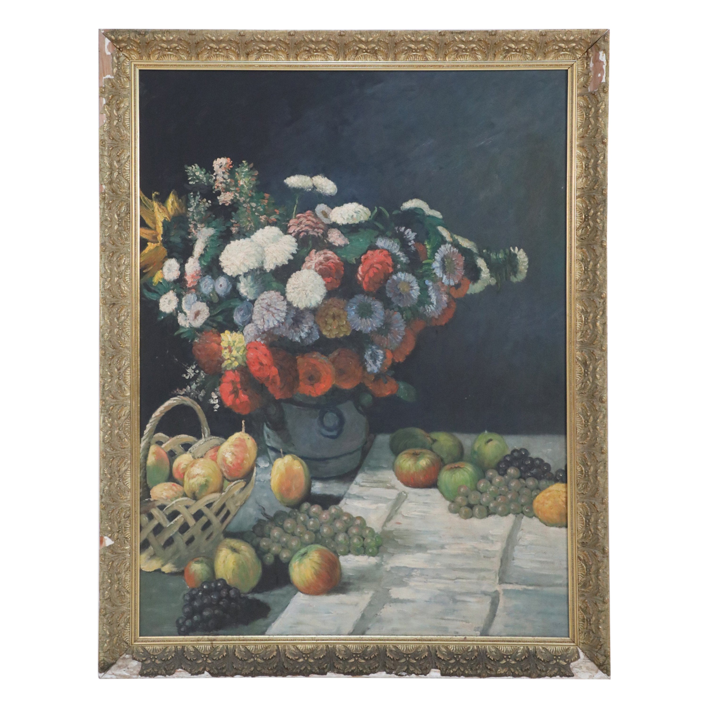 Framed Still Life Oil Painting of a Flower Arrangement and Scattered Grapes and