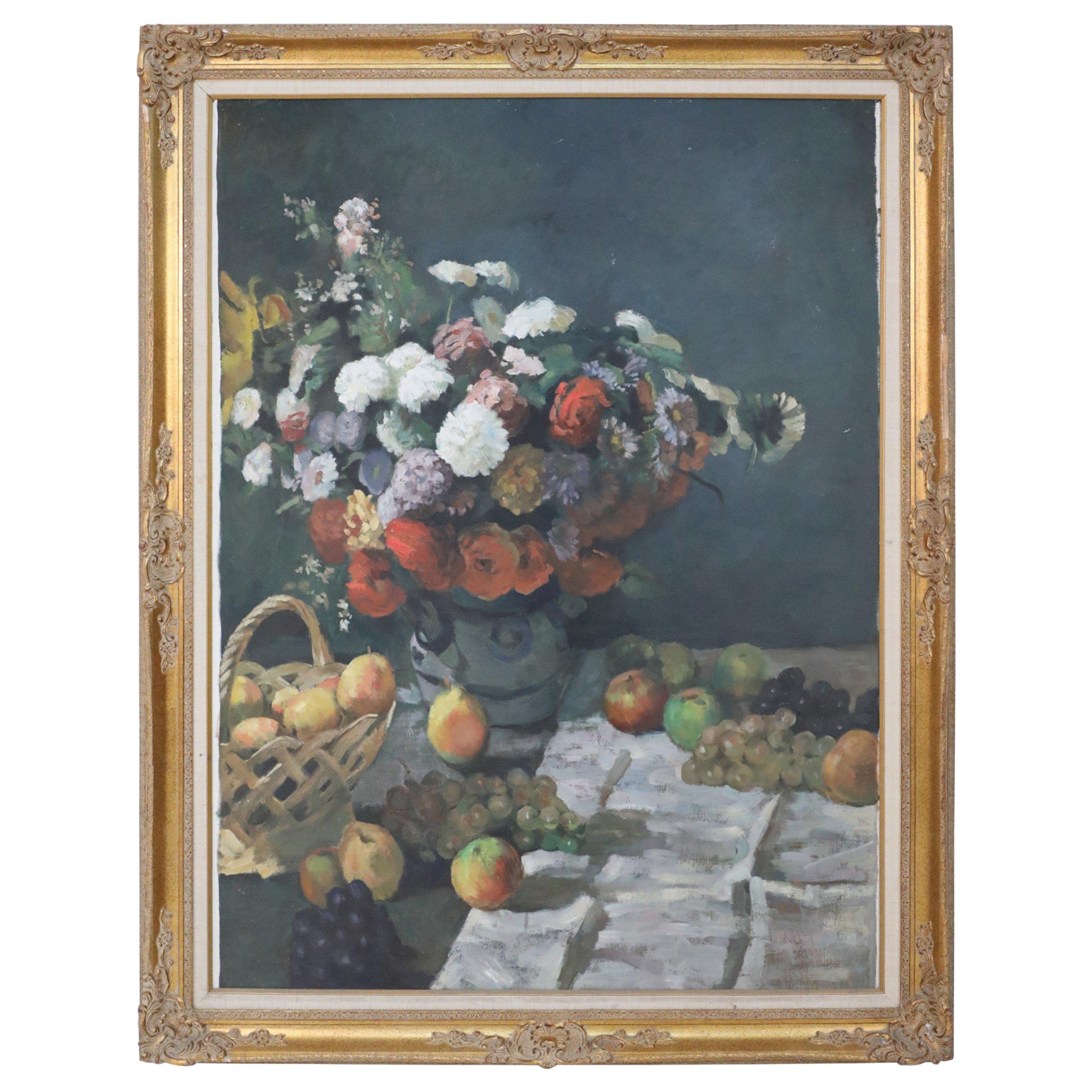Framed Still Life Oil Painting of a Flower Arrangement and Scattered Grapes and  For Sale