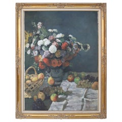 Framed Still Life Oil Painting of a Flower Arrangement and Scattered Grapes and 