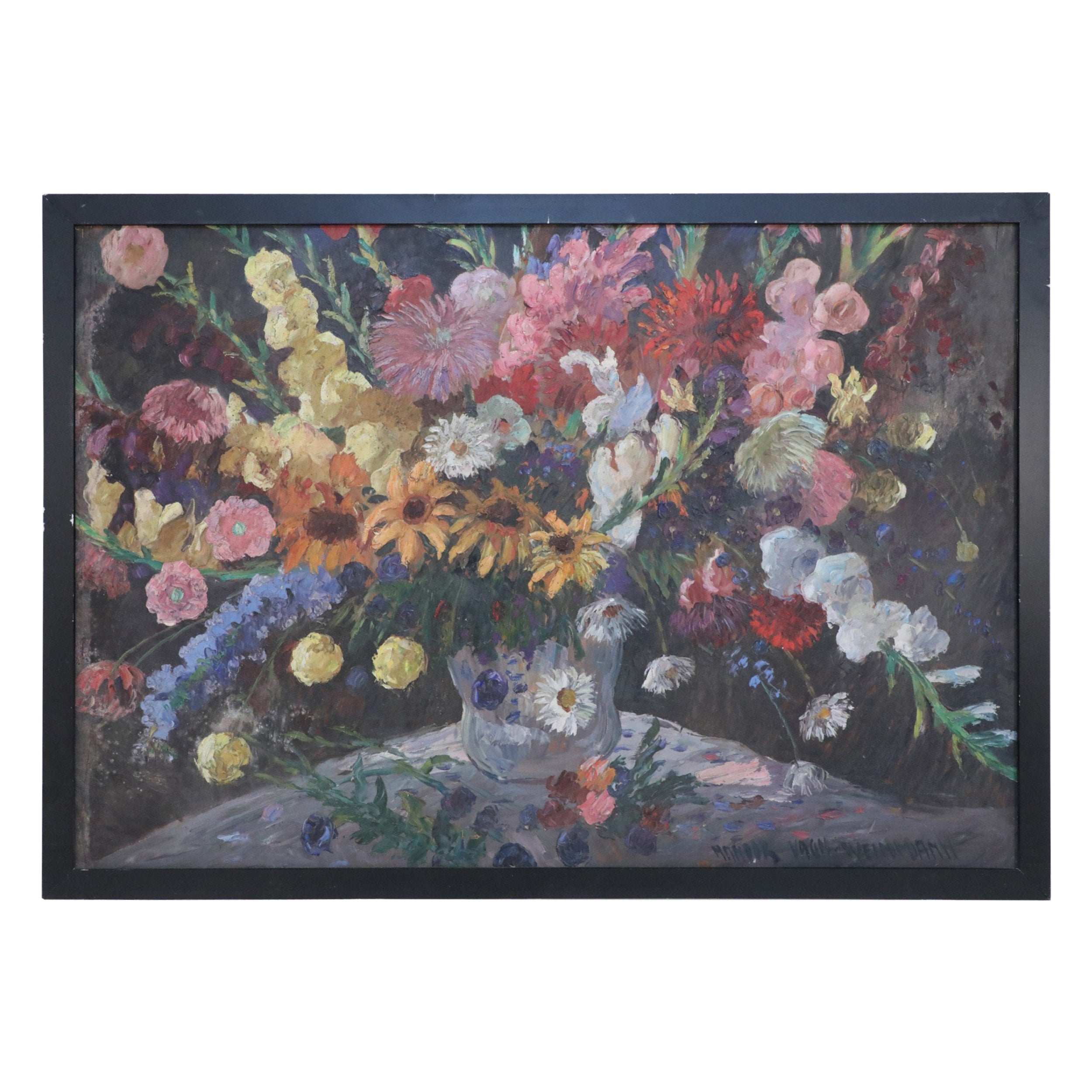 Framed Oil Still Life of an Abundant Wildflower Bouquet
