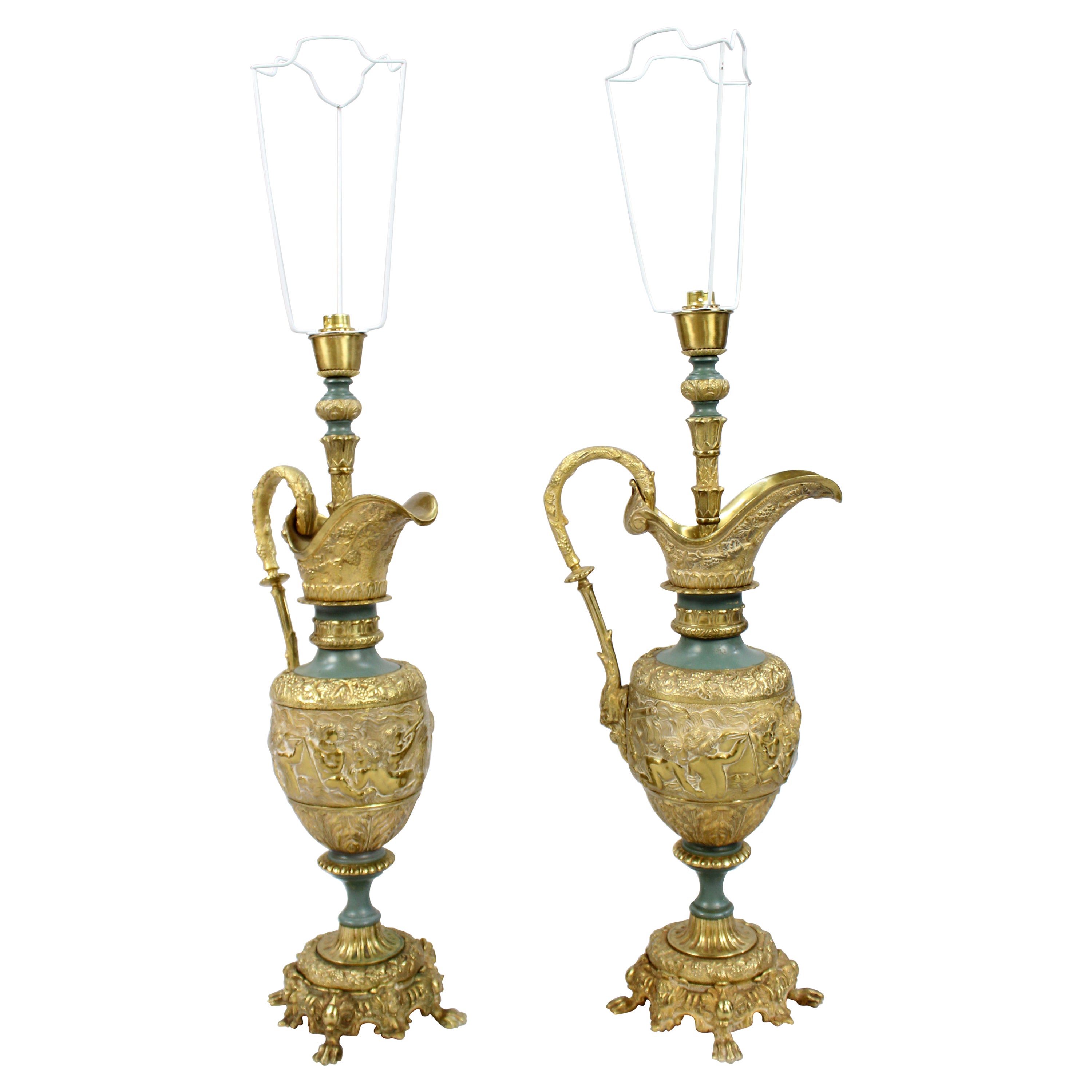 Pair of Antique Ormolu Ewer Form Table Lamps For Sale