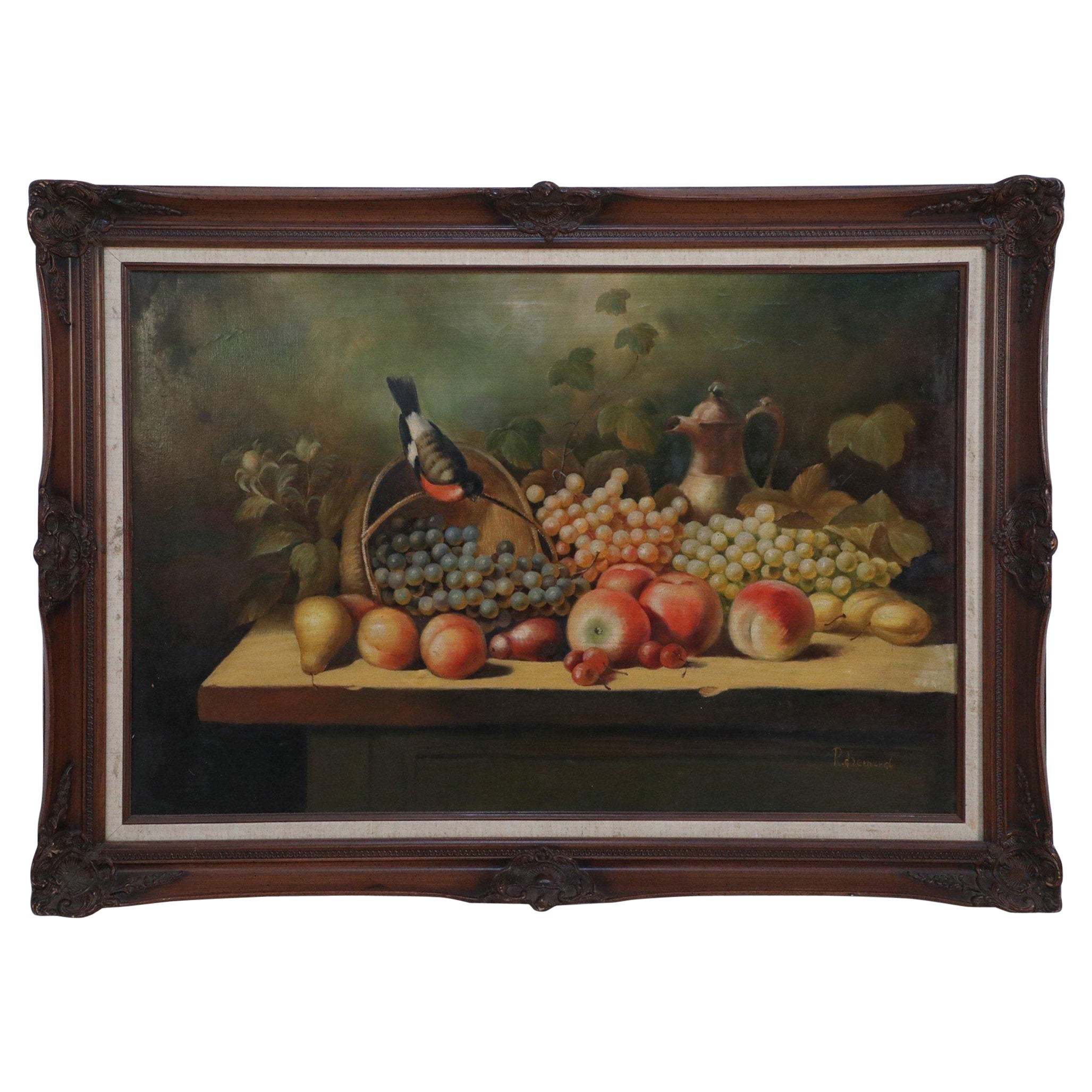Framed Still Life Oil Painting of a Bounty of Grapes and Fruit with a Perching R For Sale