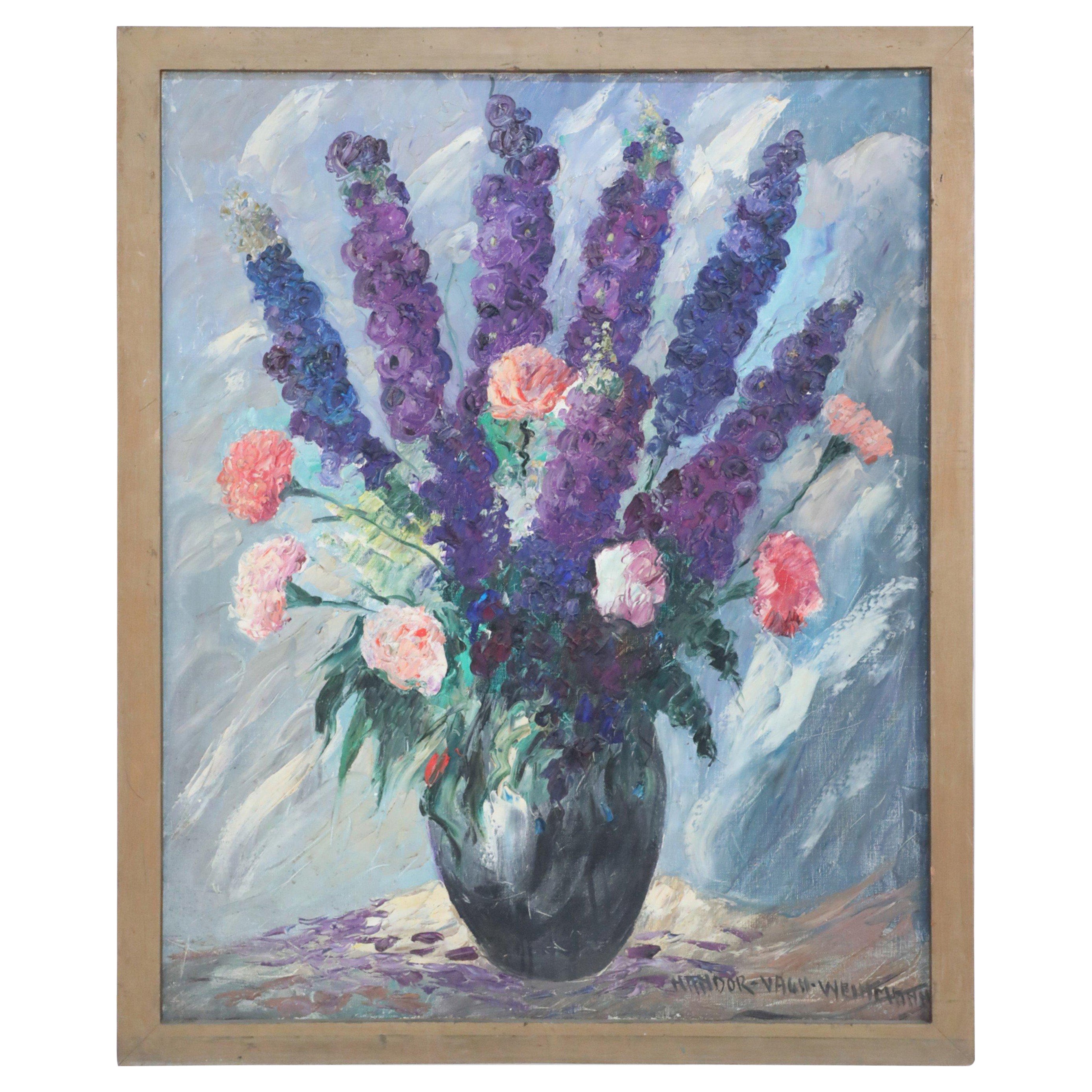 Framed Oil Painting of Lavender and Pink Flowers in a Vase For Sale