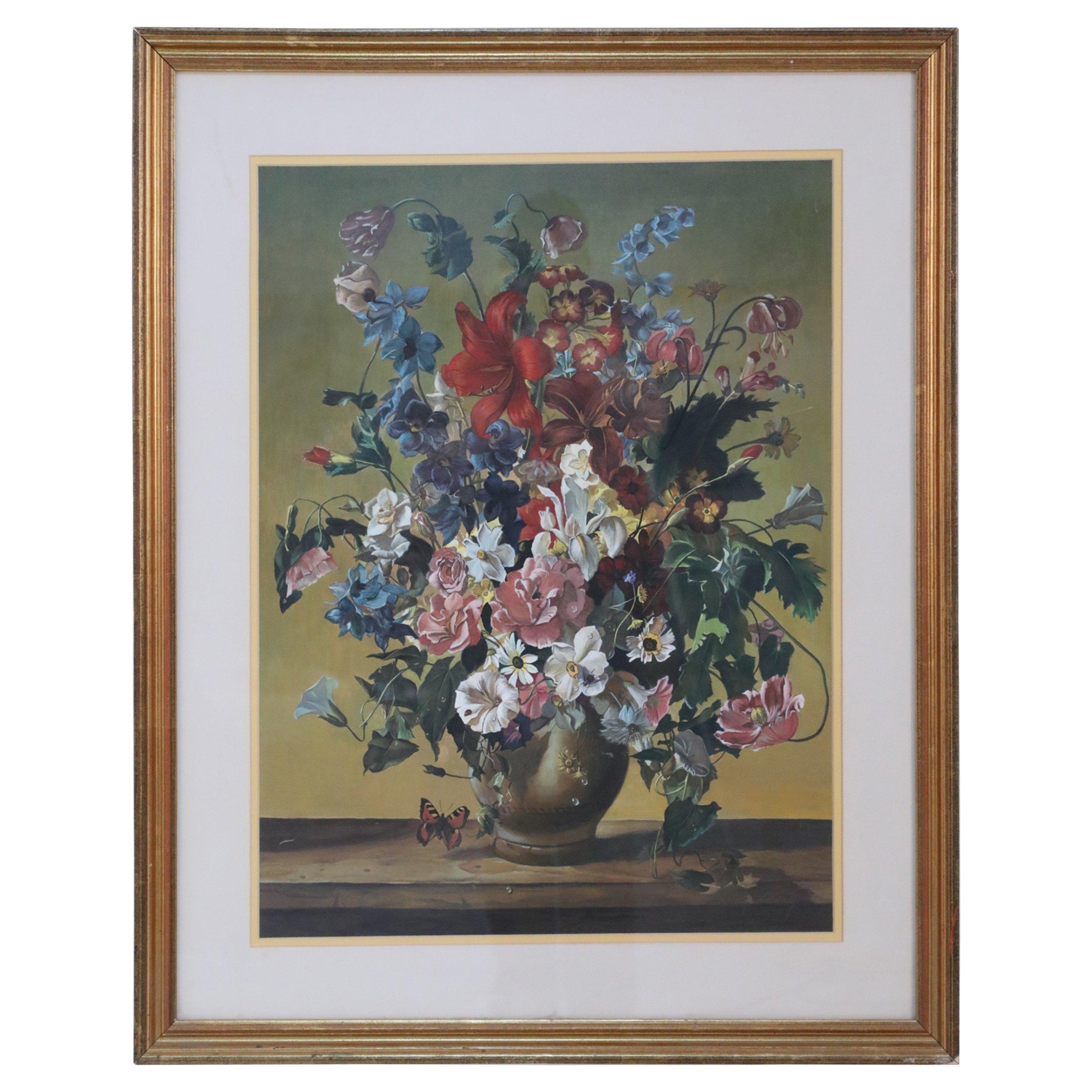 Gerahmtes Stillleben mit einer Vielzahl von Wildblumen in einer braunen Vase mit Intarsien