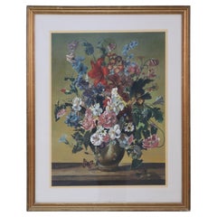 Vintage Framed Still Life Painting of a Variety of Wildflowers in a Brown Vase with Inse