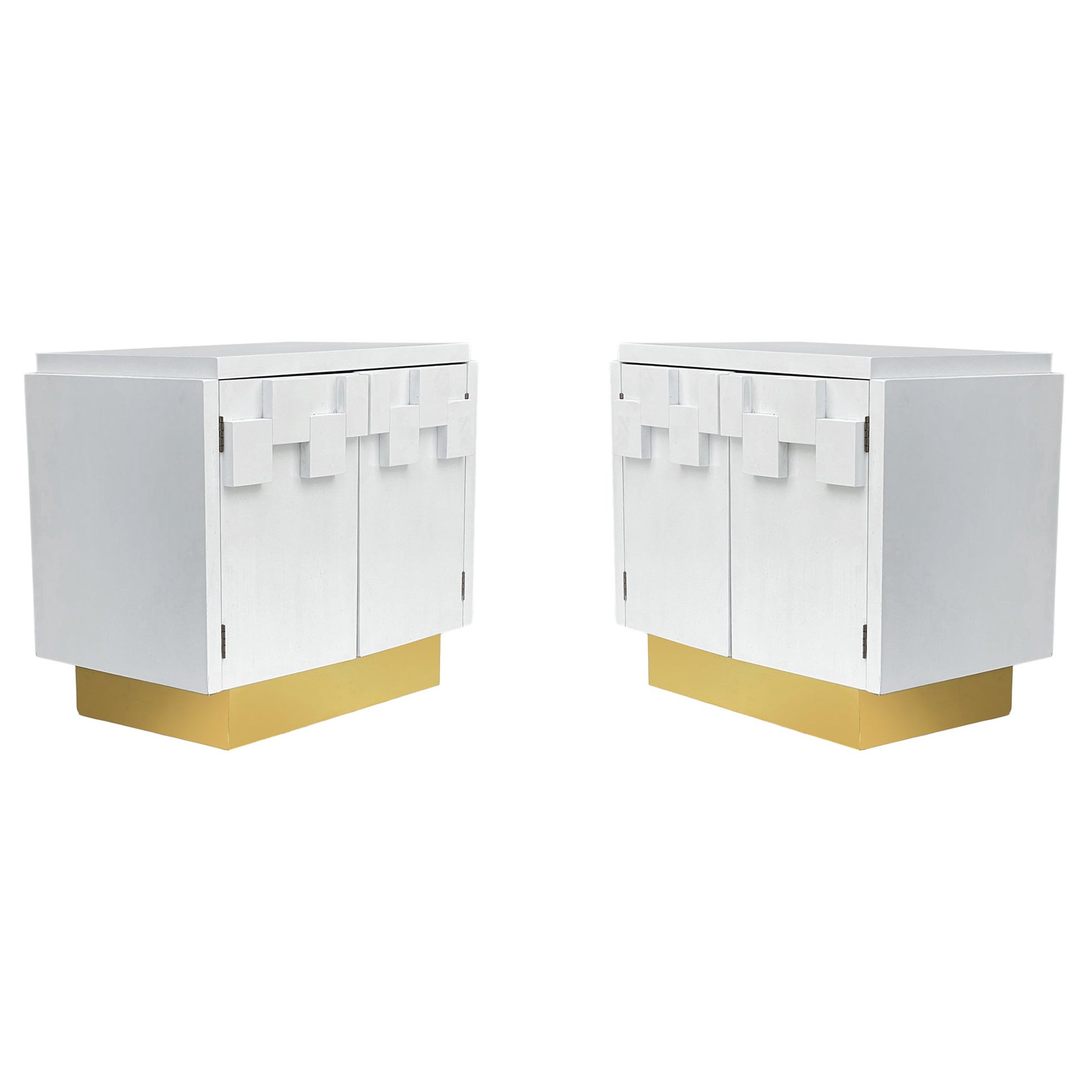 Matching Pair of Mid-Century Modern Night Stands in White with Brass Base
