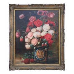 Nature morte à l'huile encadrée d'un vase portrait rempli de fleurs roses