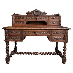 Antique French Carved Oak Renaissance Desk Barley Twist Gothic Library 19th c