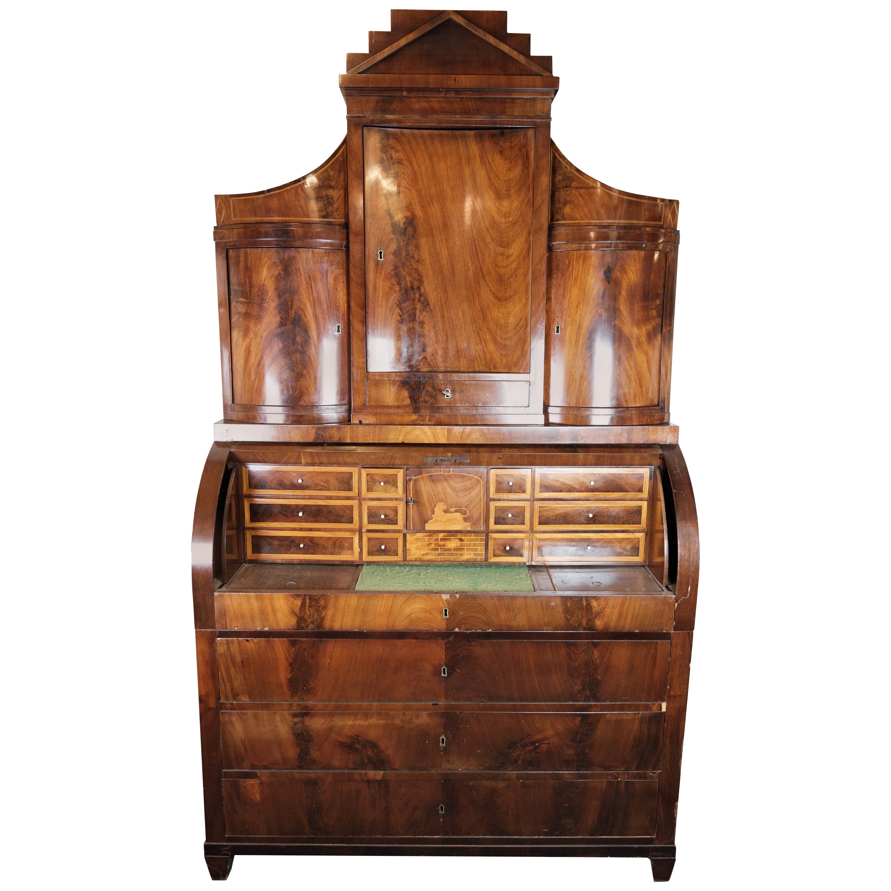 Large Empire Bureau of Hand Polished Mahogany with Inlaid Wood, 1820s For Sale