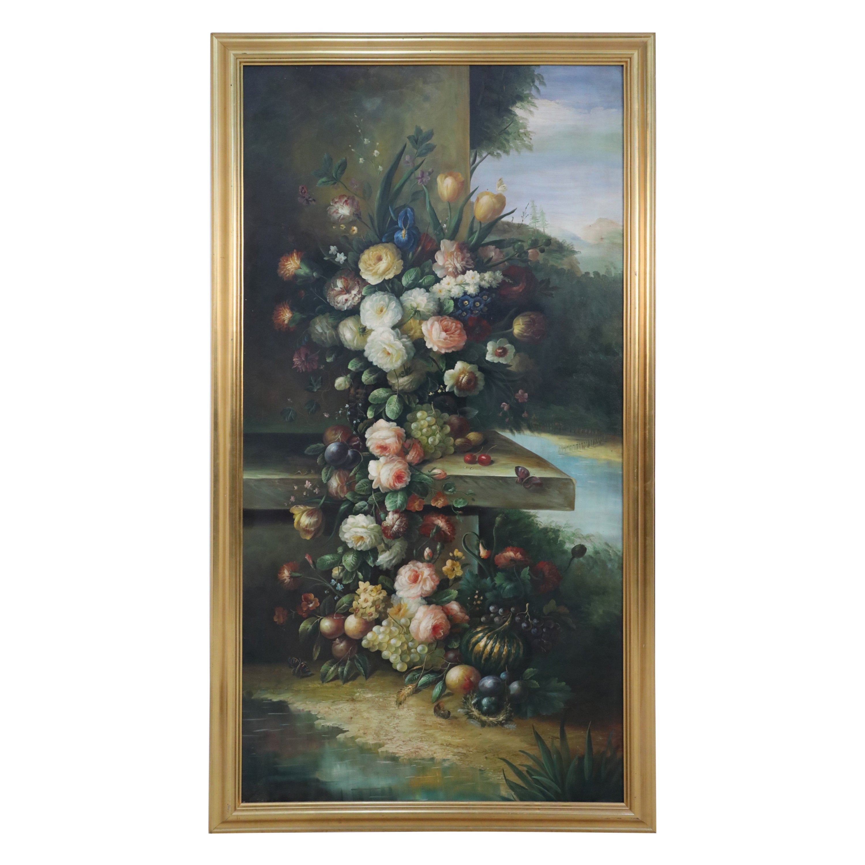 Large Framed Still Life Oil Painting of an Urn of Flowers on a Garden Bench For Sale