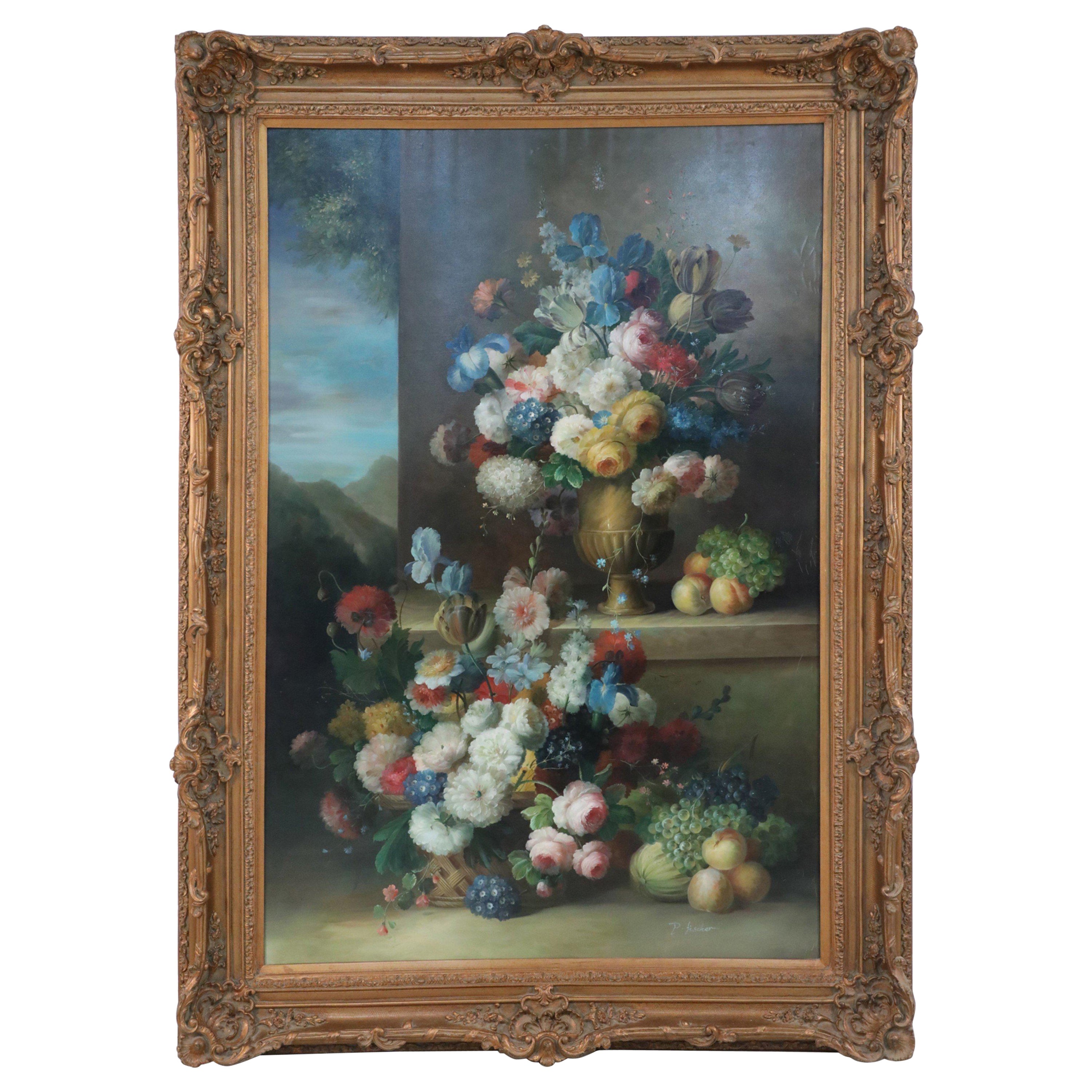 Grande peinture à l'huile encadrée d'une nature morte encadrée représentant une urne de fleurs et de fruits sur un jardin en vente