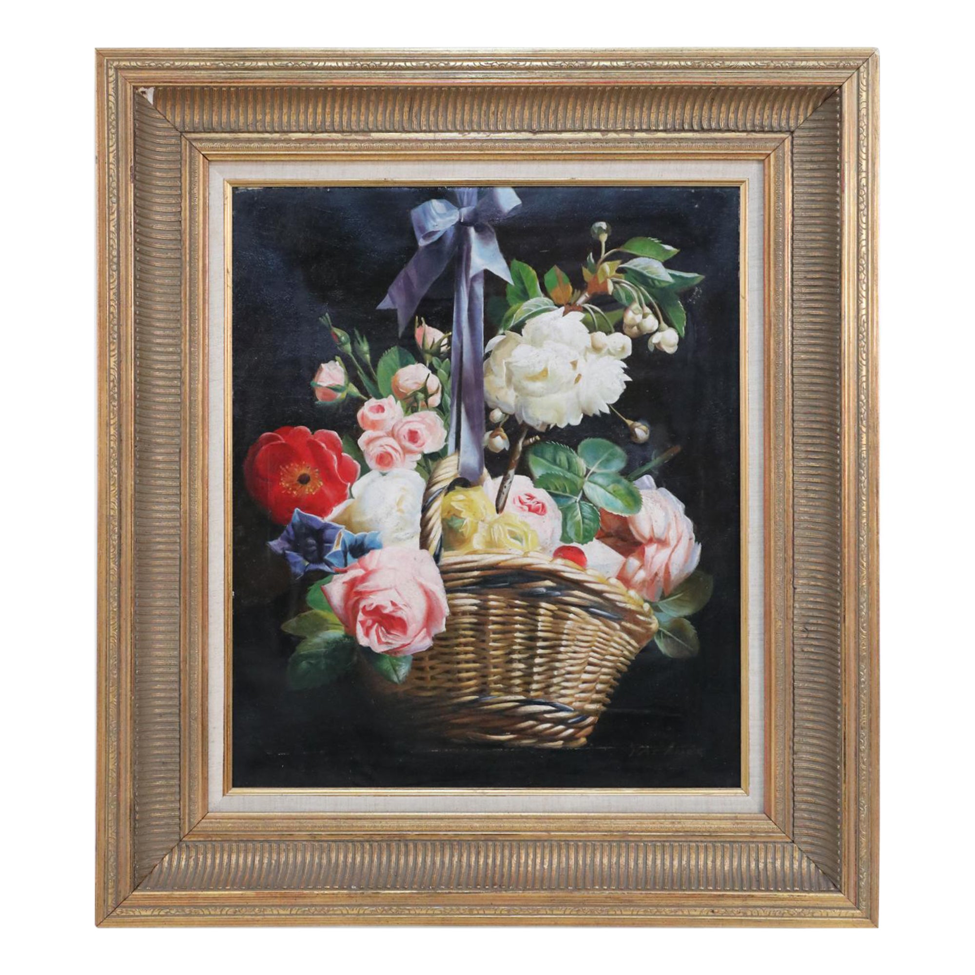 Mid-Century Still Life Oil Painting of a Basket of Flower and Bow in a Giltwood For Sale