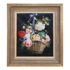 Mid-Century Still Life Oil Painting of a Basket of Flower and Bow in a Giltwood