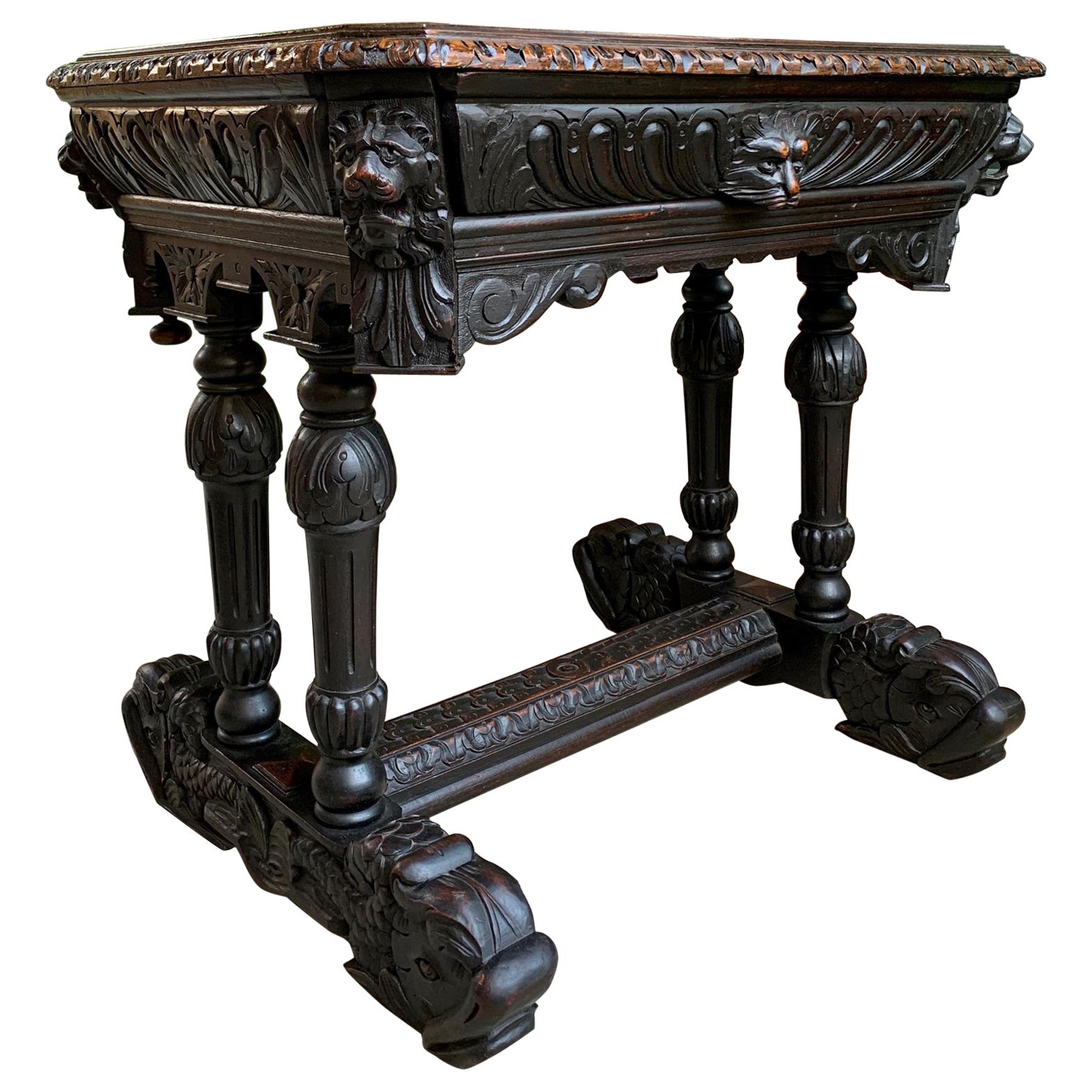 Antique Petite French Carved Oak Dolphin Table Desk Renaissance Gothic 19th C For Sale