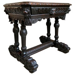 Antique Petite French Carved Oak Dolphin Table Desk Renaissance Gothic 19th C