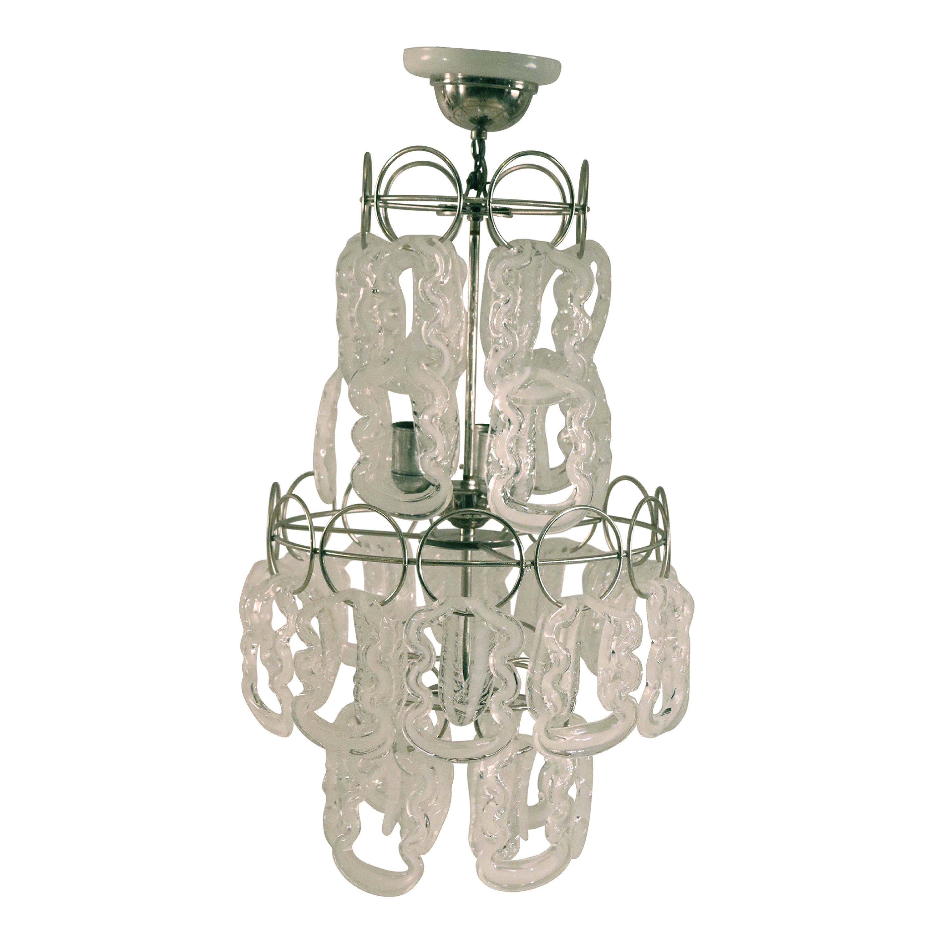 Angelo Mangiarotti Mid-Century Tiered Glass and Metal Chandelier