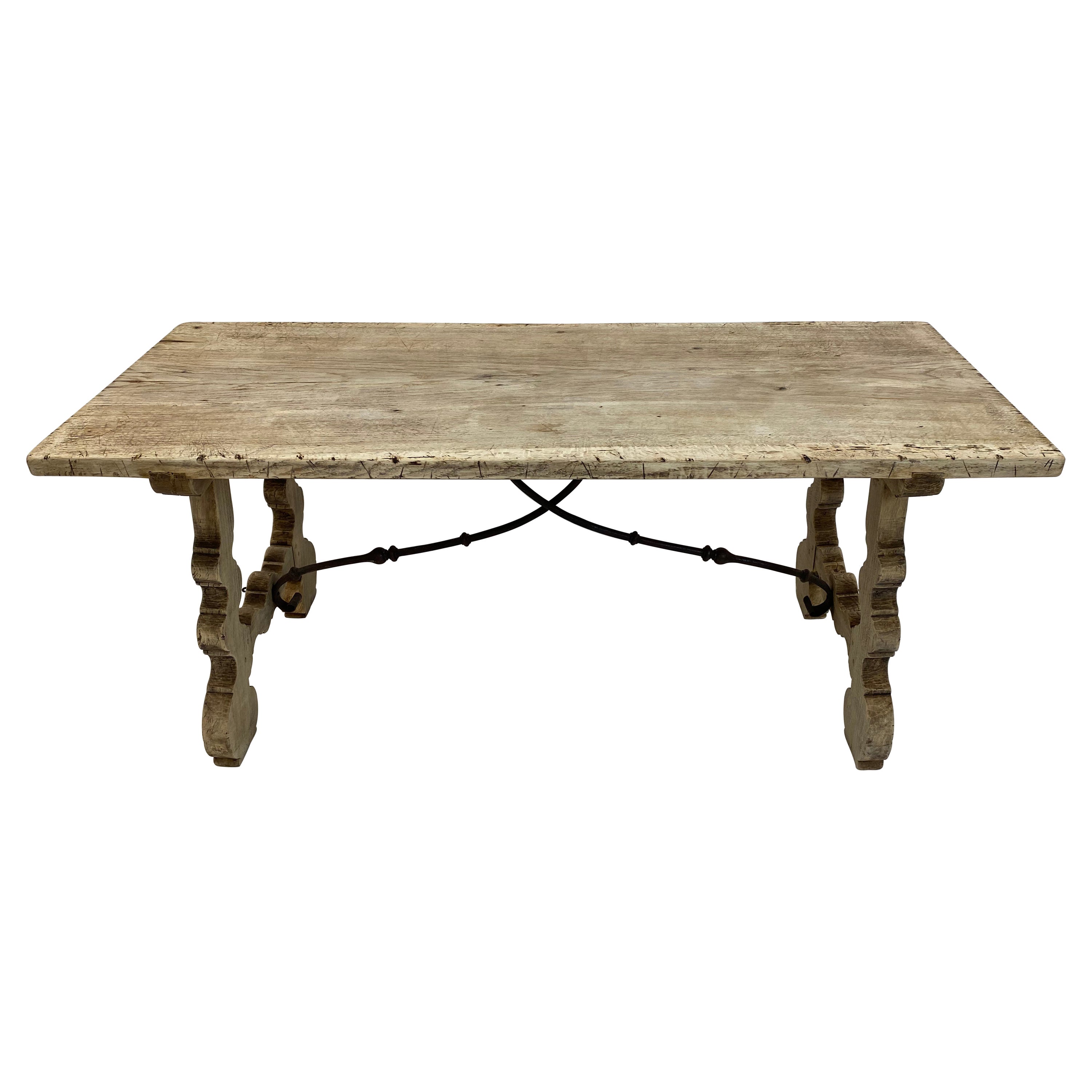 Small Antique table in bleached walnut with iron details, Spain, 1820s. 