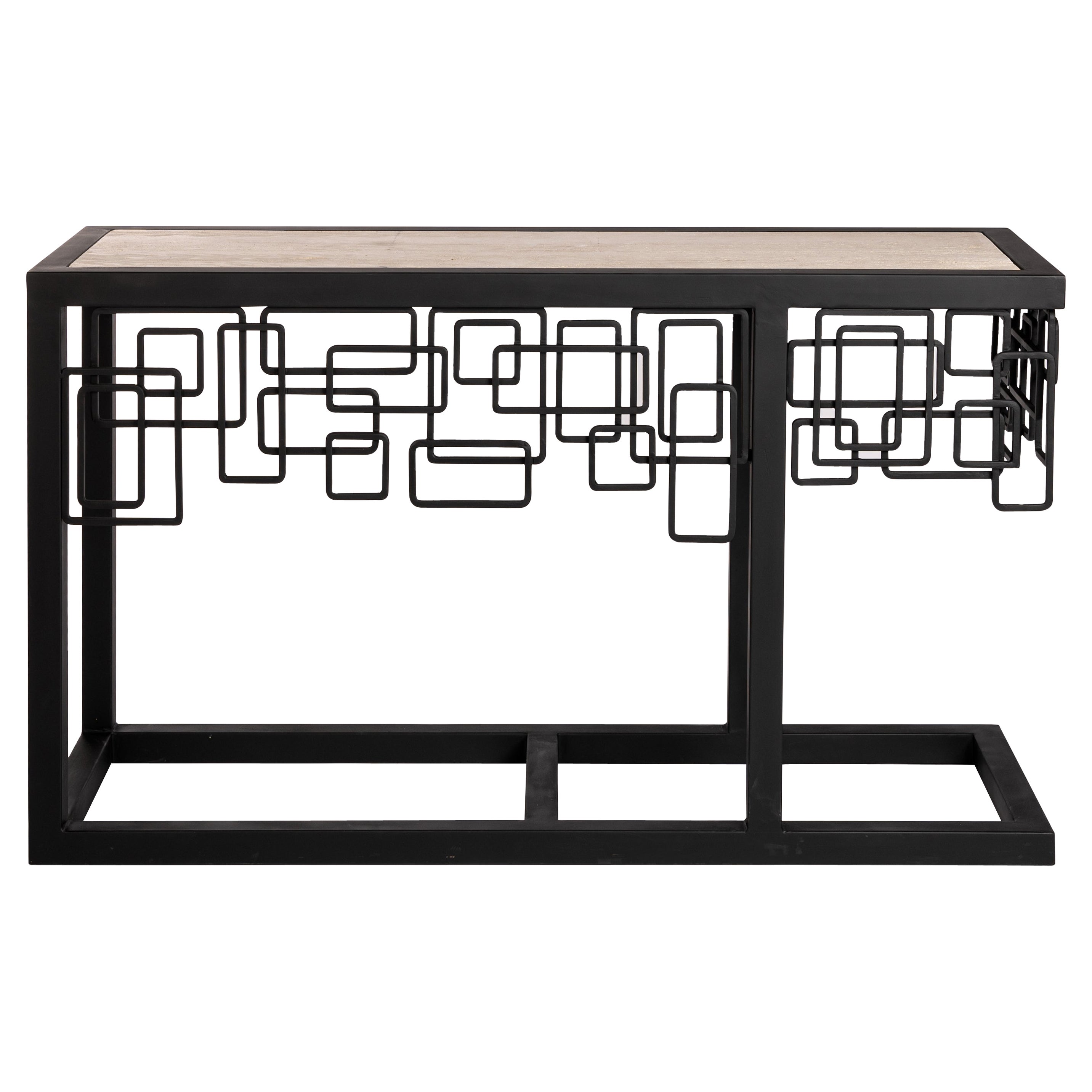 Italian Mid-Century Modern solid iron / travertine console table in phantastic abstract, geometric design.

The object is built in a straight line - the front and the right side are designed with overlying 
square and rectangular elements in the