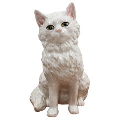 Vintage White Faience Lying Cat Statue, French circa 1980