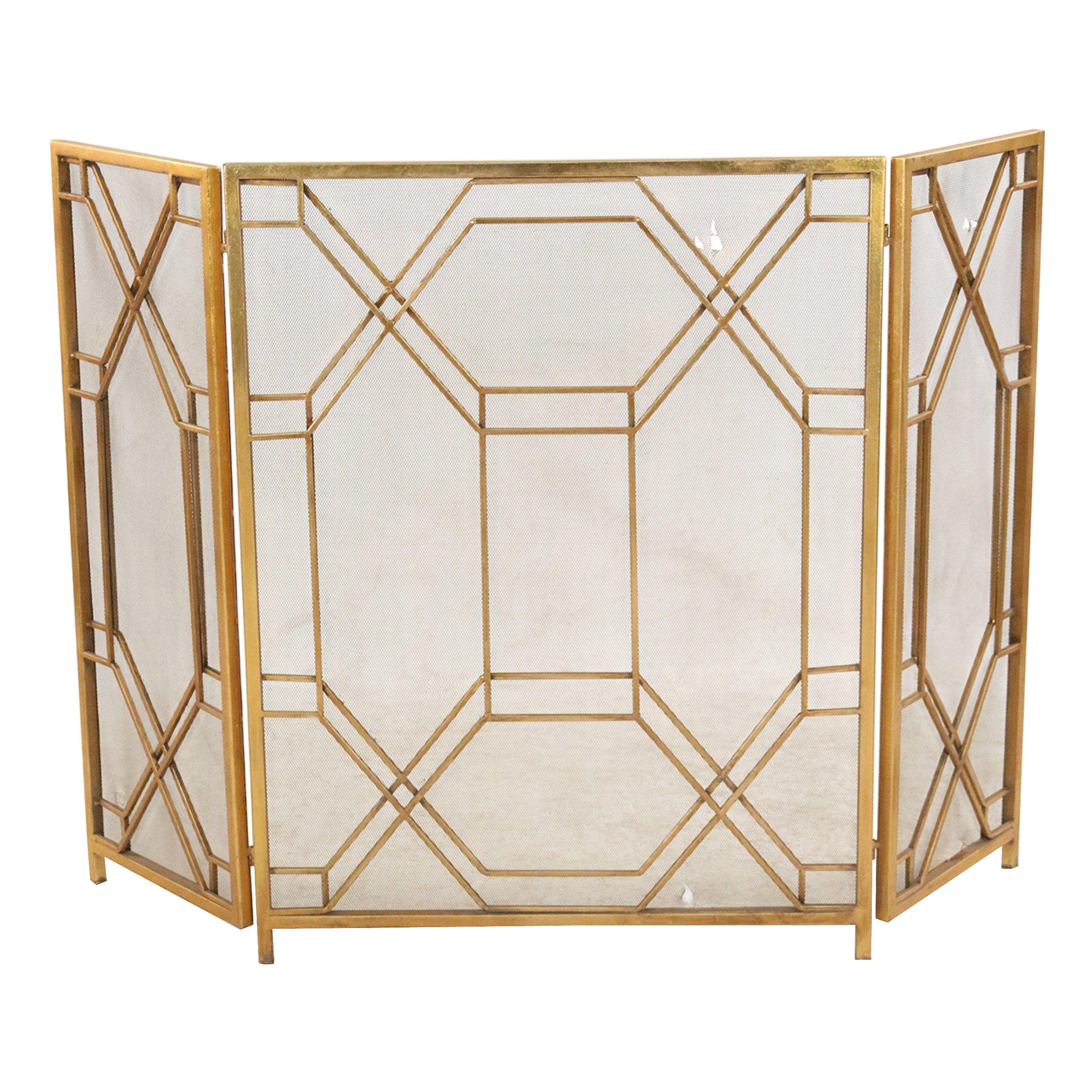 Mid-Century Brass Framed Tri-Fold Fire Screen For Sale