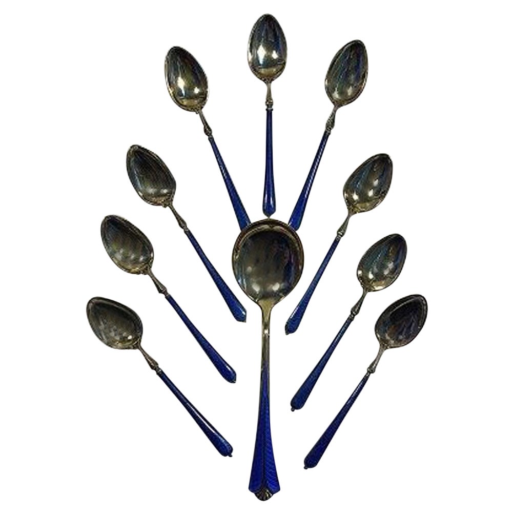 Enamelled Sterling Silver Set of Spoons '9+1' For Sale