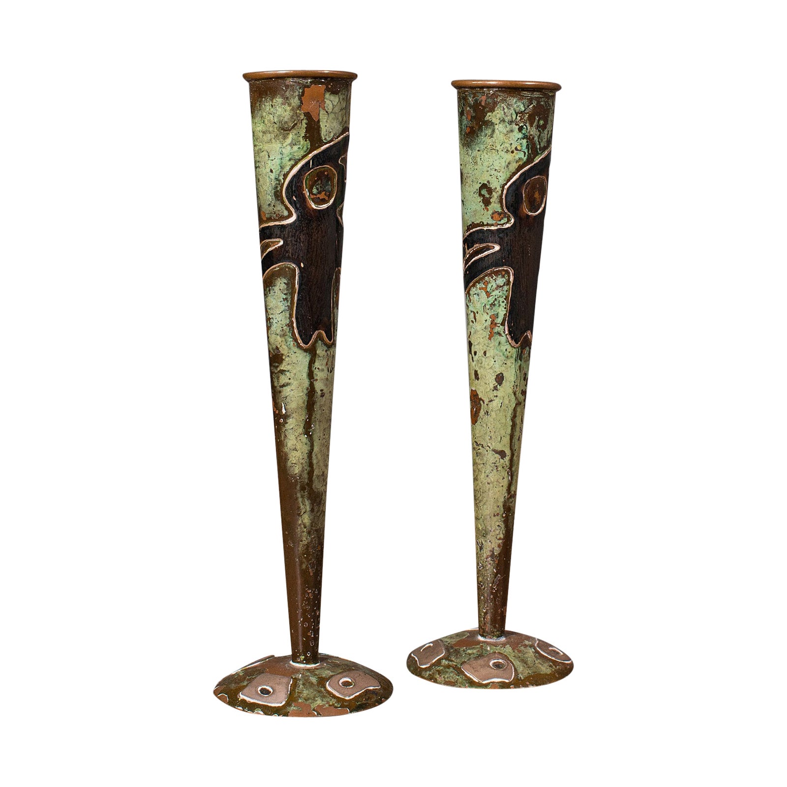 Pair of Antique Flute Vases, French, Copper, Posy, Art Nouveau Taste, Circa 1920