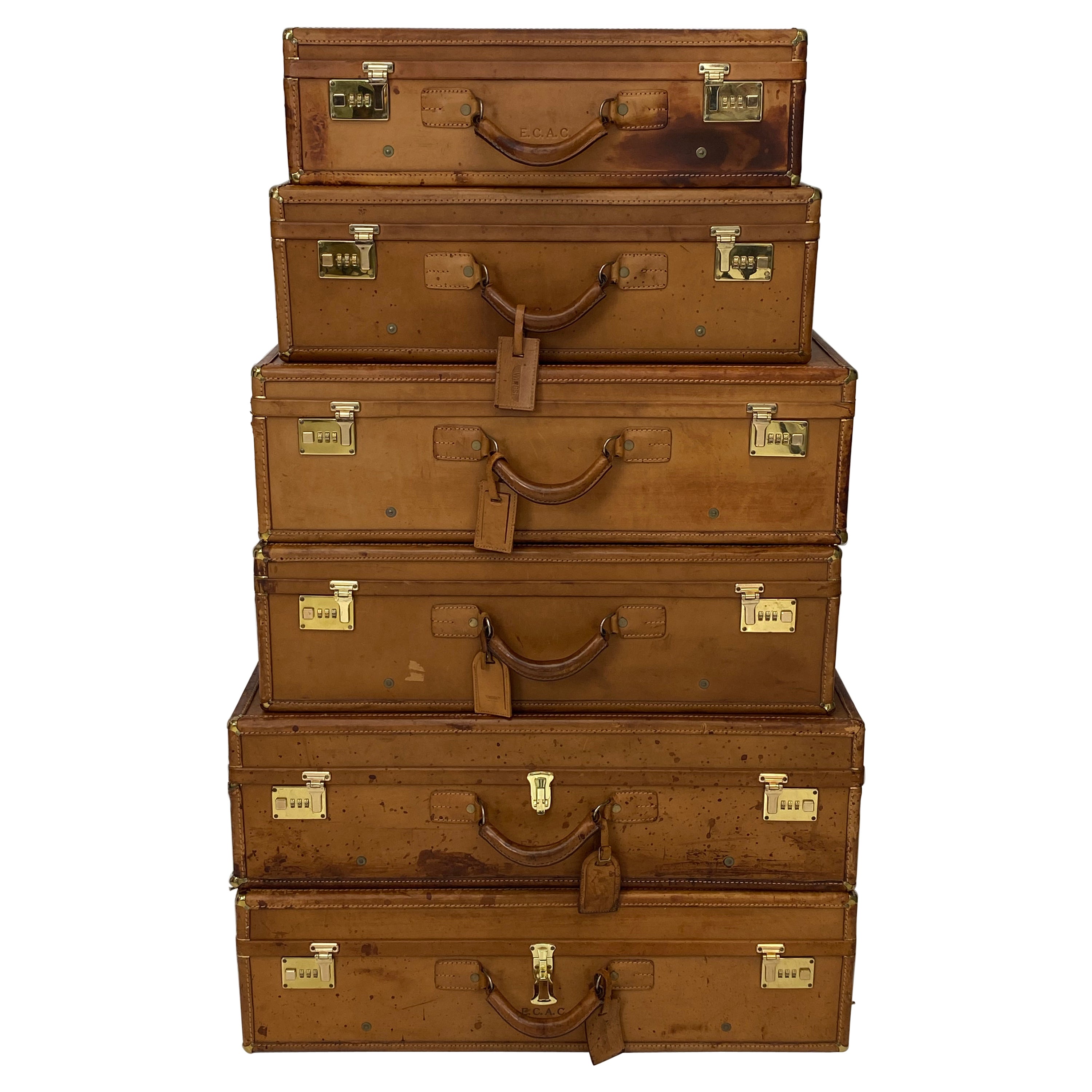 Ensemble vintage de 6 valises en cuir de la marque grecque WINGS en vente