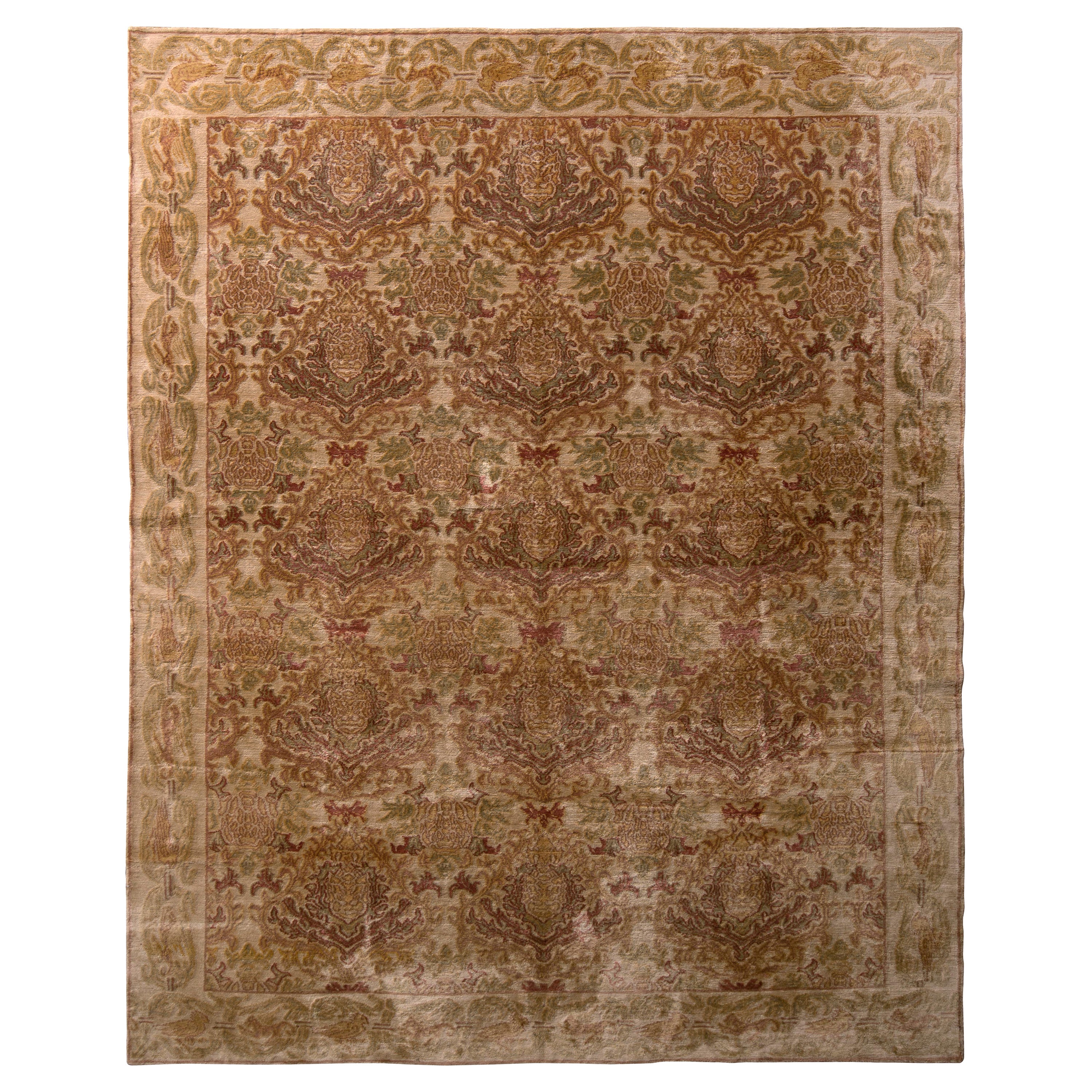 Rug & Kilim's Hand Knotted European Style Rug Beige Brown Pink Floral Pattern For Sale