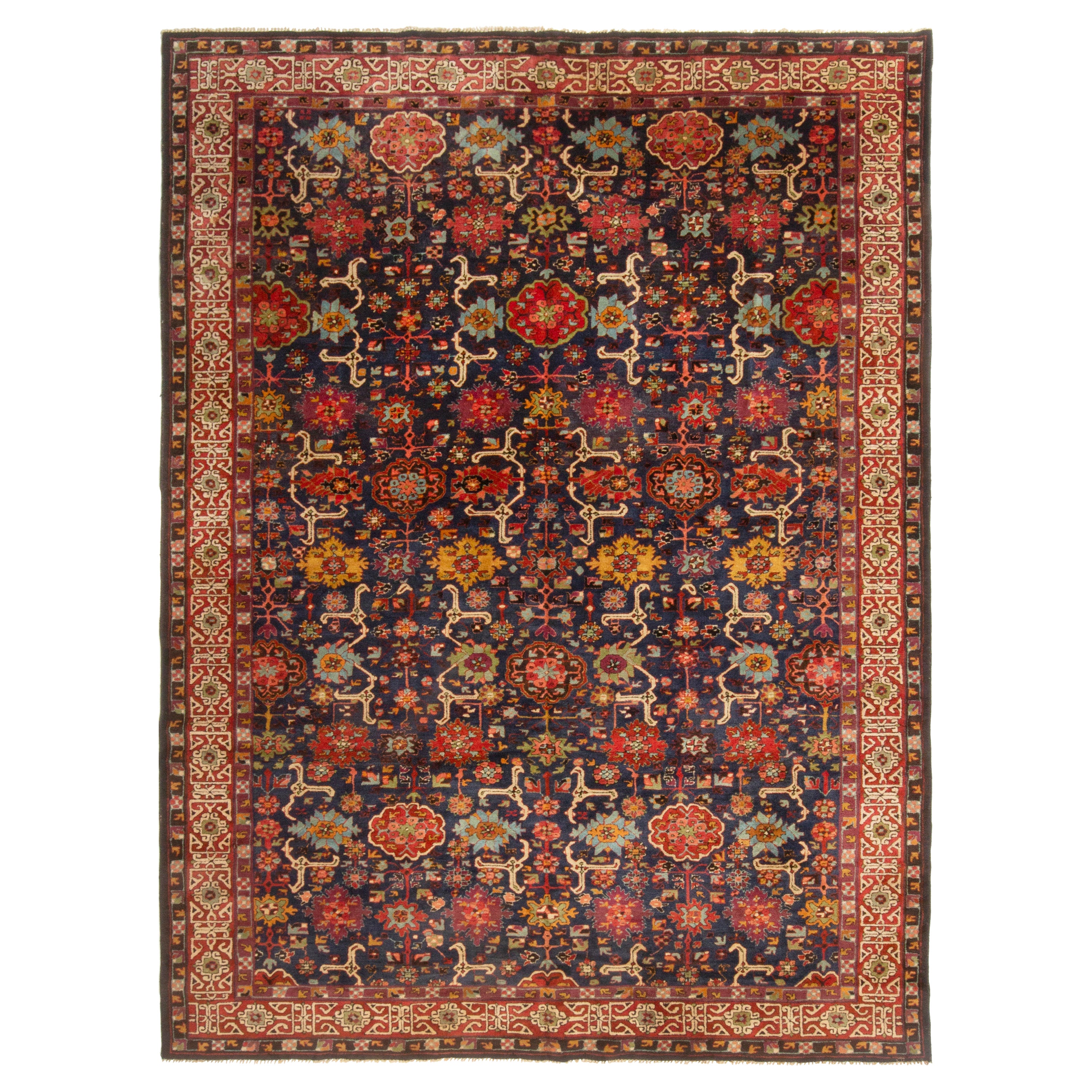 Antique German Blue and Red Rug with Floral Patterns by Rug & Kilim For Sale
