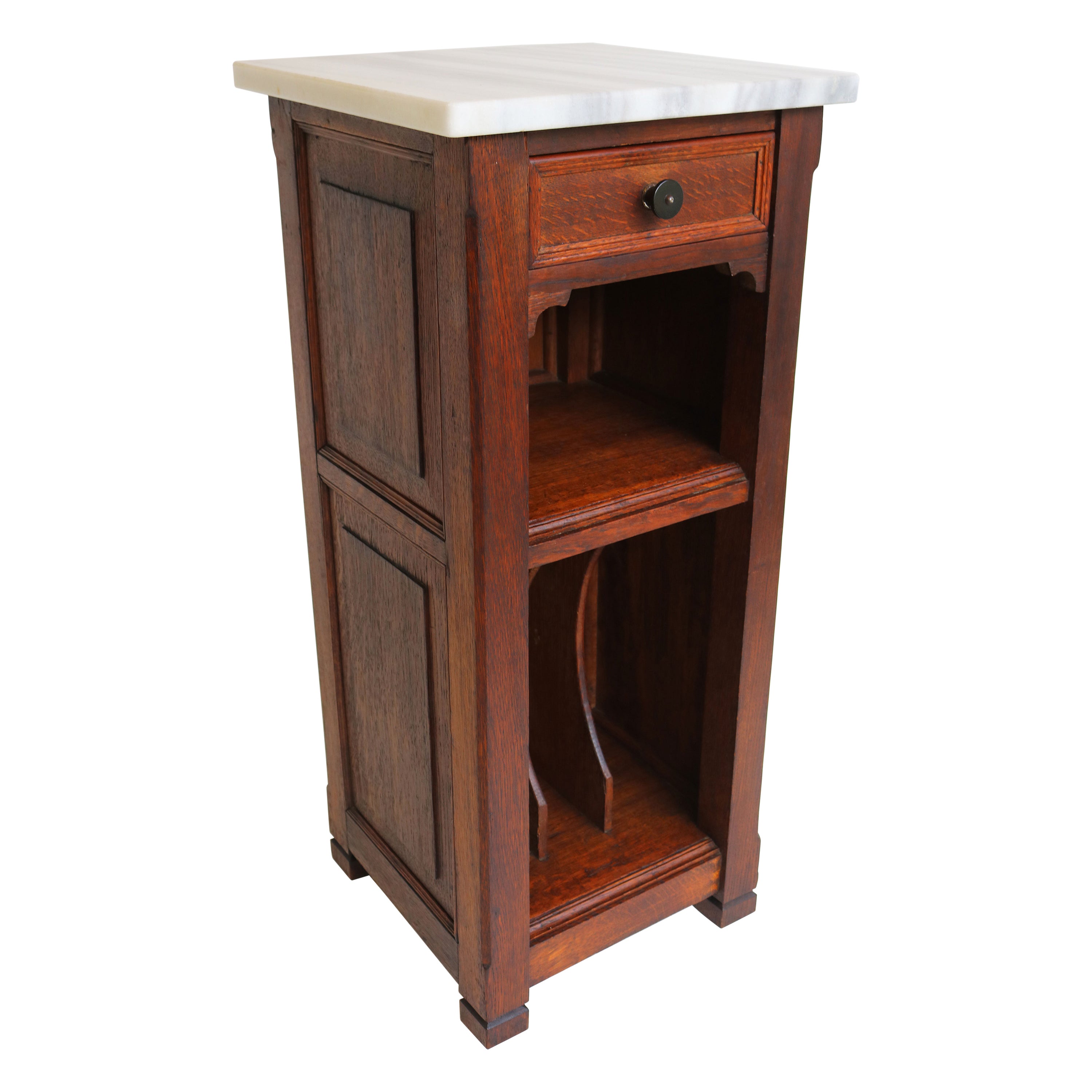 Antique French Art Deco Nightstand / Record Cabinet 1920 Solid Oak Marble Top For Sale