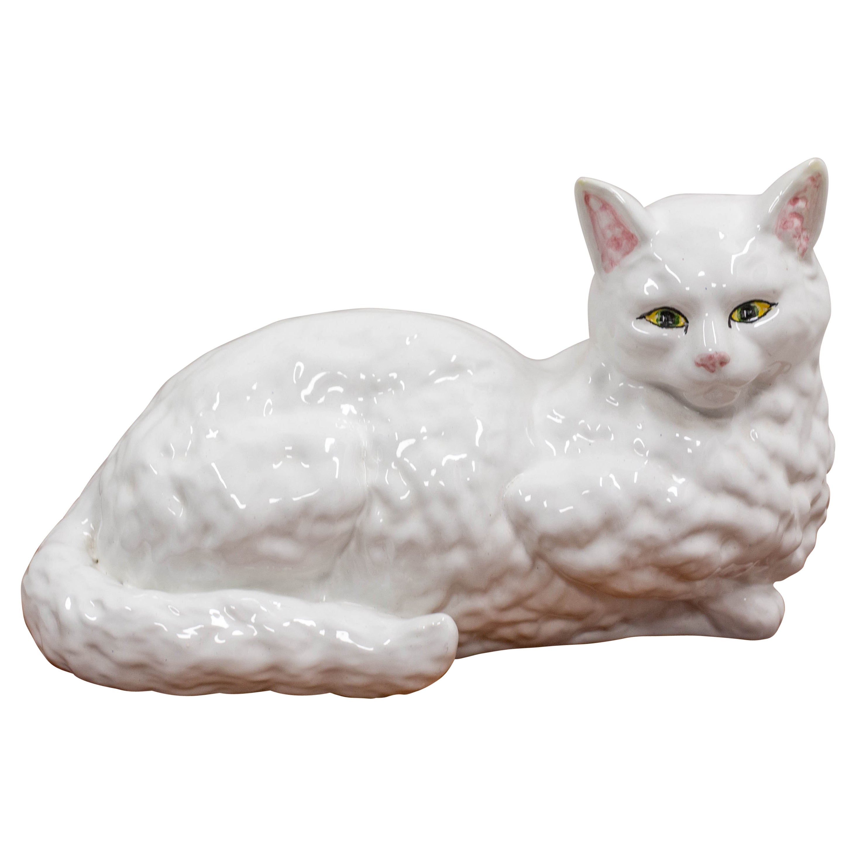 Lying Cat White Faience Statue, French circa 1980