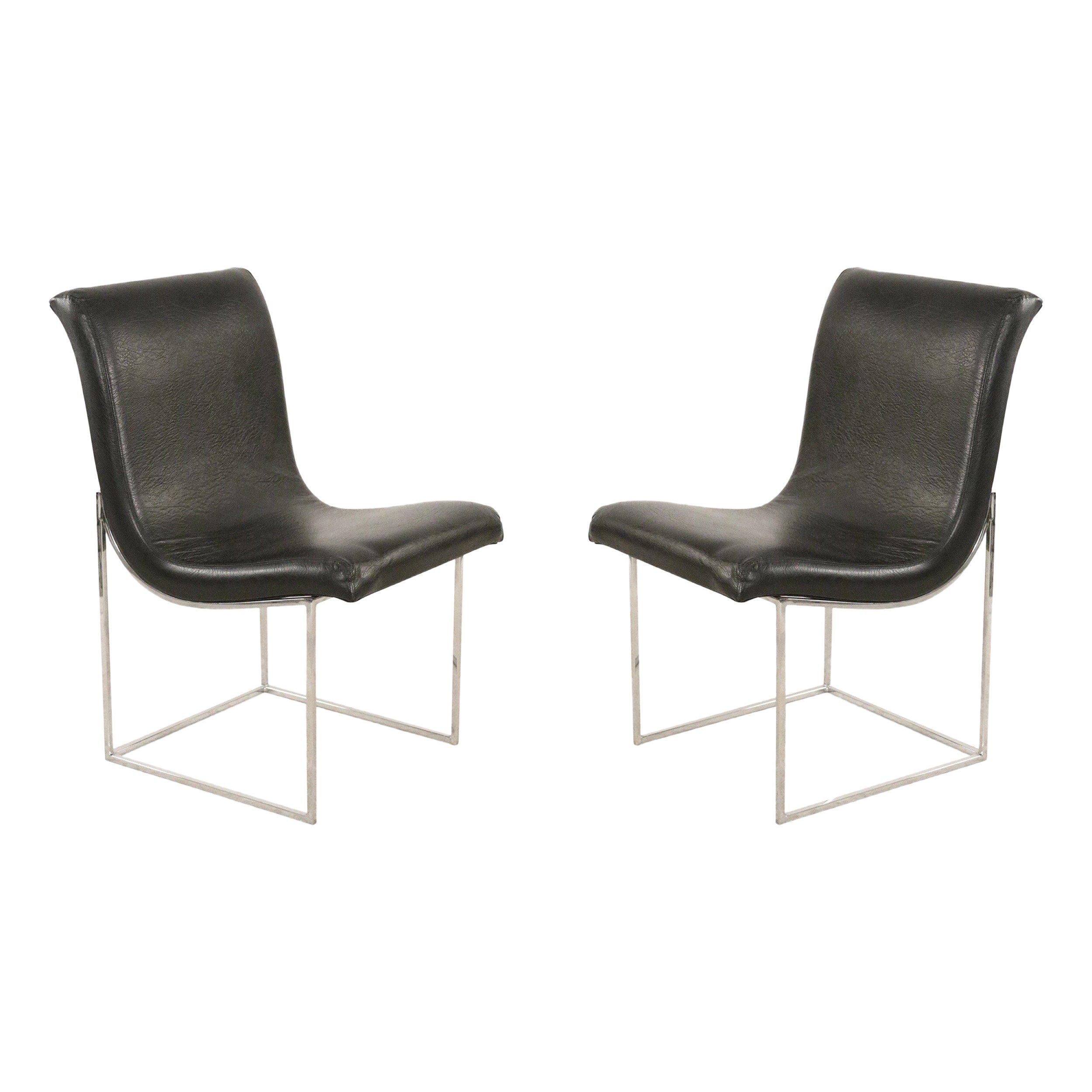 Mid-Century Milo Baughman Chrome and Black Vinyl Dining Chairs For Sale