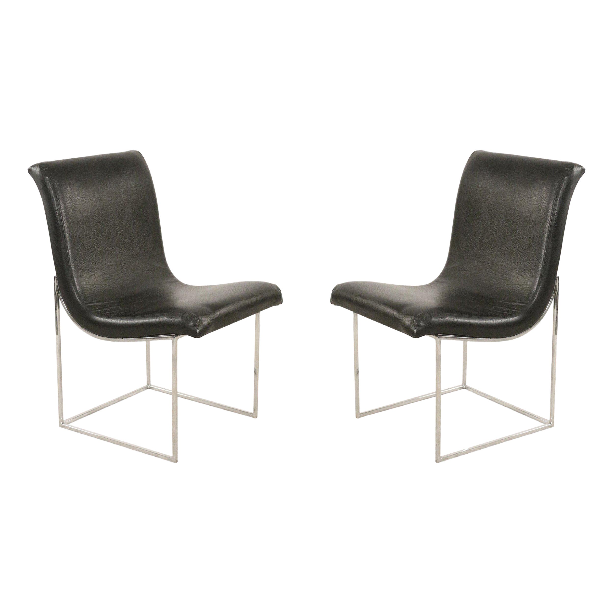 Mid-Century Milo Baughman Chrome and Black Vinyl Dining Chairs