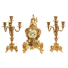 Cloisonné Enamel Mounted Antique French Gilt Bronze Clock Set