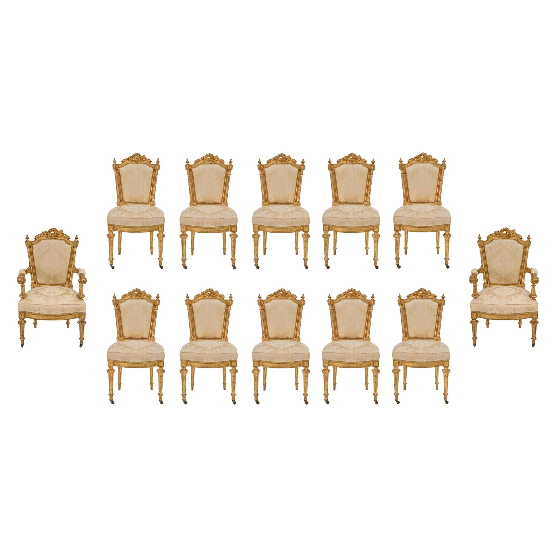 Set of Twelve Italian Early 19th Century Louis XVI Style Giltwood Dining Chairs