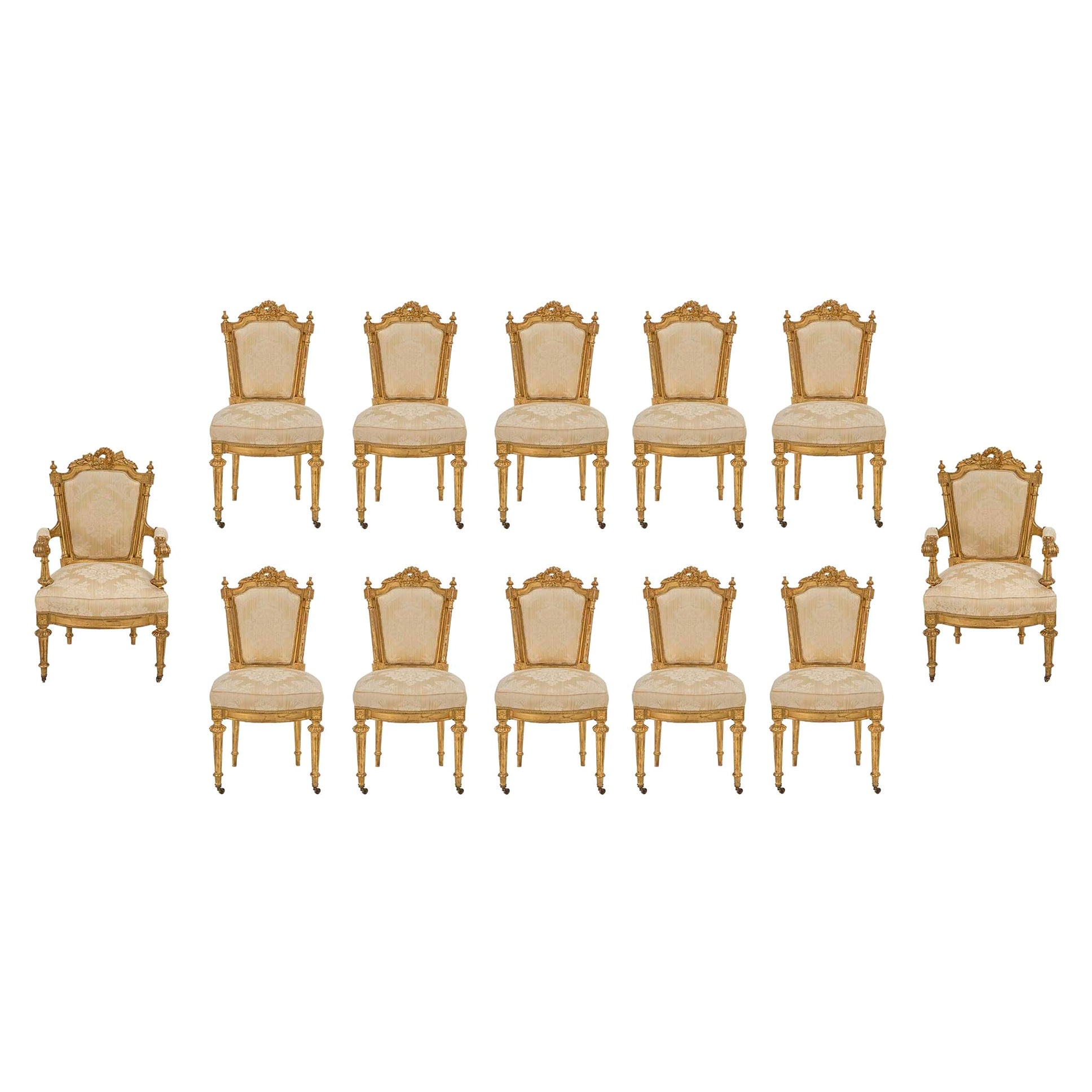 Set of Twelve Italian Early 19th Century Louis XVI Style Giltwood Dining Chairs