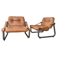Mid-Century Modern Italian Pair of Leather and Brass Armchairs, 1970s
