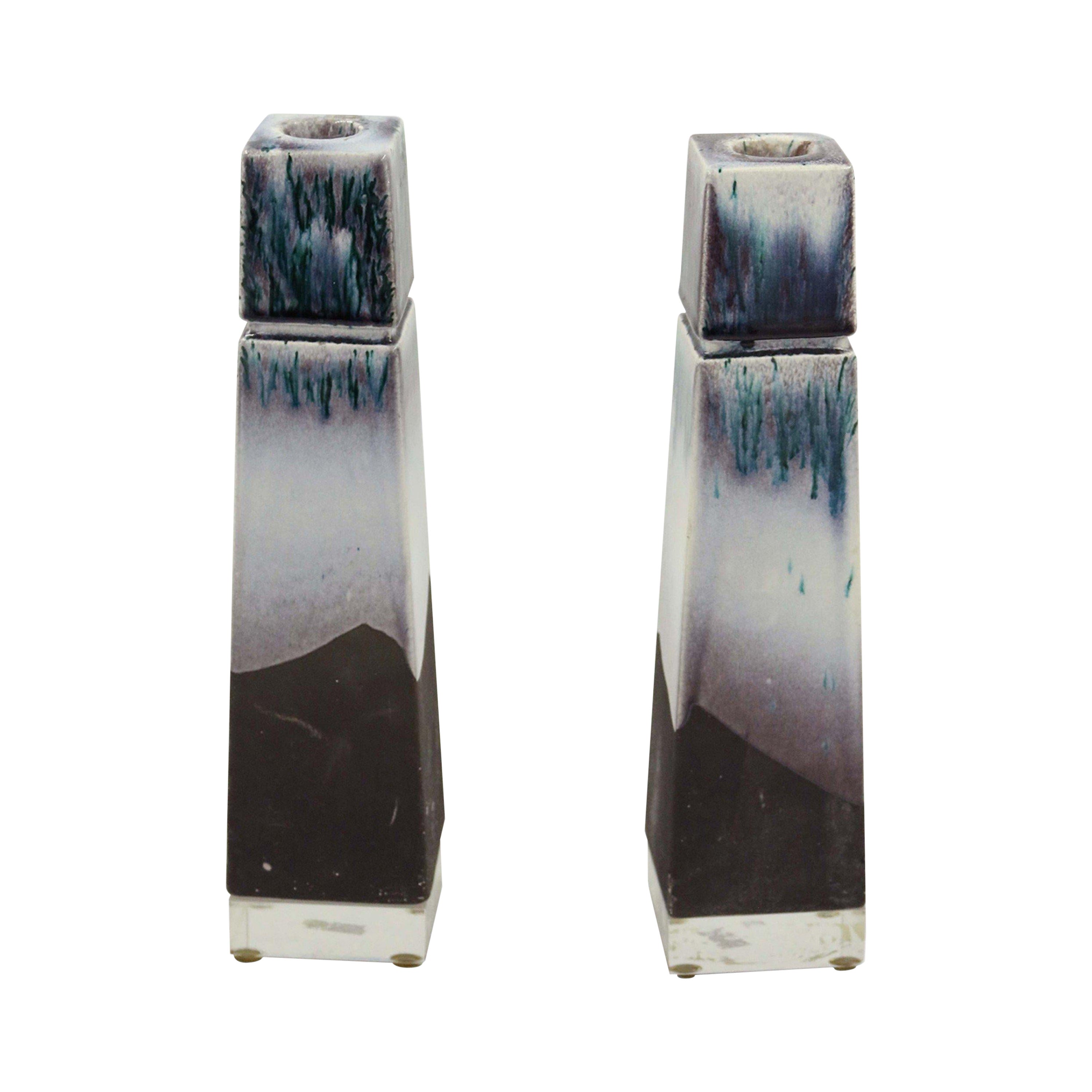 Pair of Tapered Square White, Green, and Purple Variegated Ceramic and Lucite For Sale