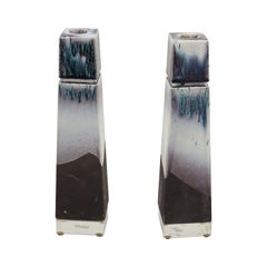Pair of Tapered Square White, Green, and Purple Variegated Ceramic and Lucite