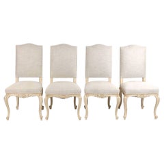 19th Century French Set of Four Hand Carved Chairs in Beige Linen Upholstery