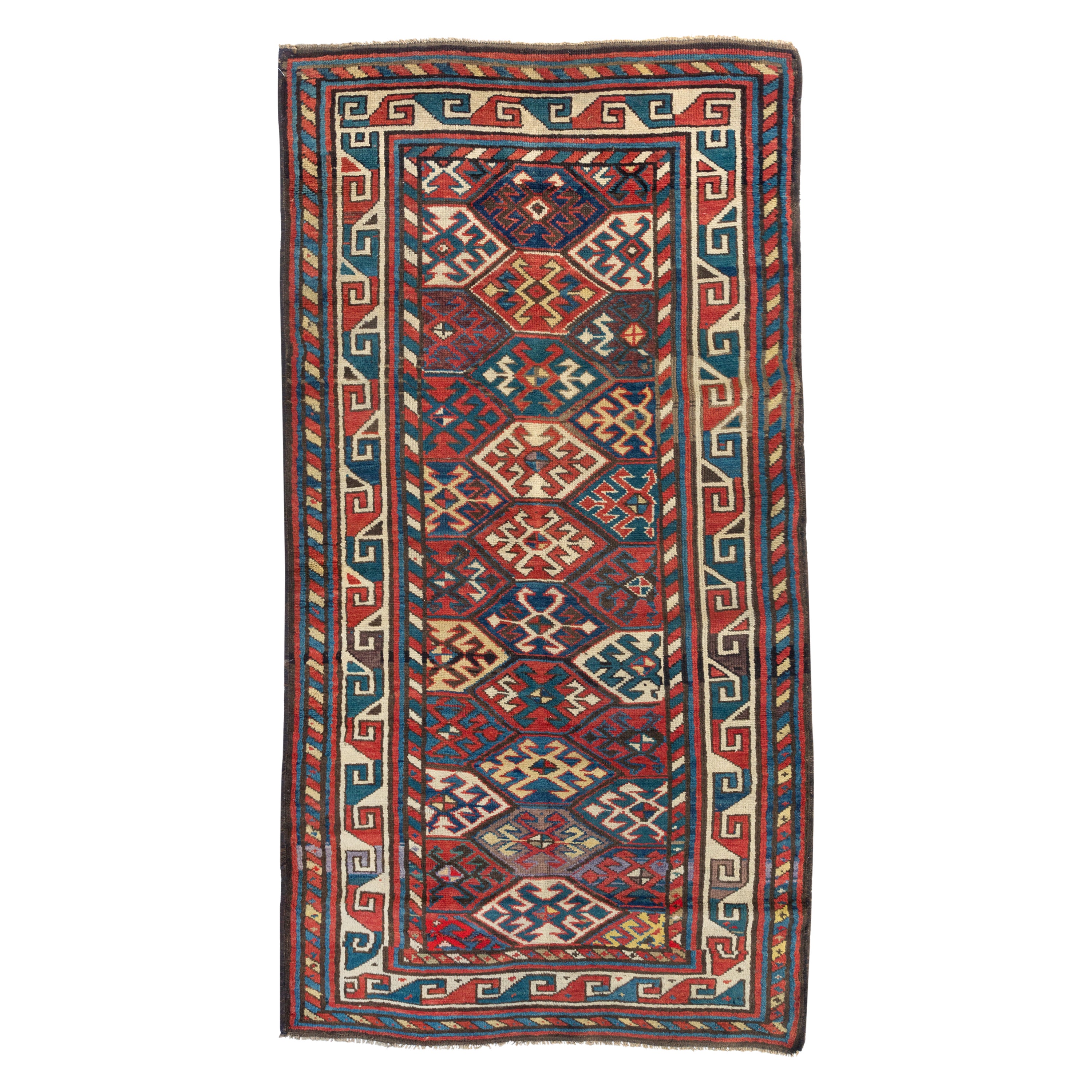 Red Ivory Navy Blue Tribal Geometric Caucasian Kazak Rug, circa 1880-1900